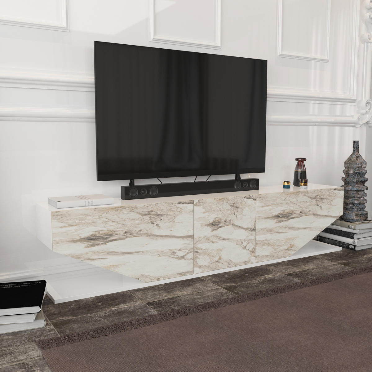 TV-ELEMENT Perle Marmor Weiß - Creme/Weiß, Holzwerkstoff (180/40/30cm) - Decorotika