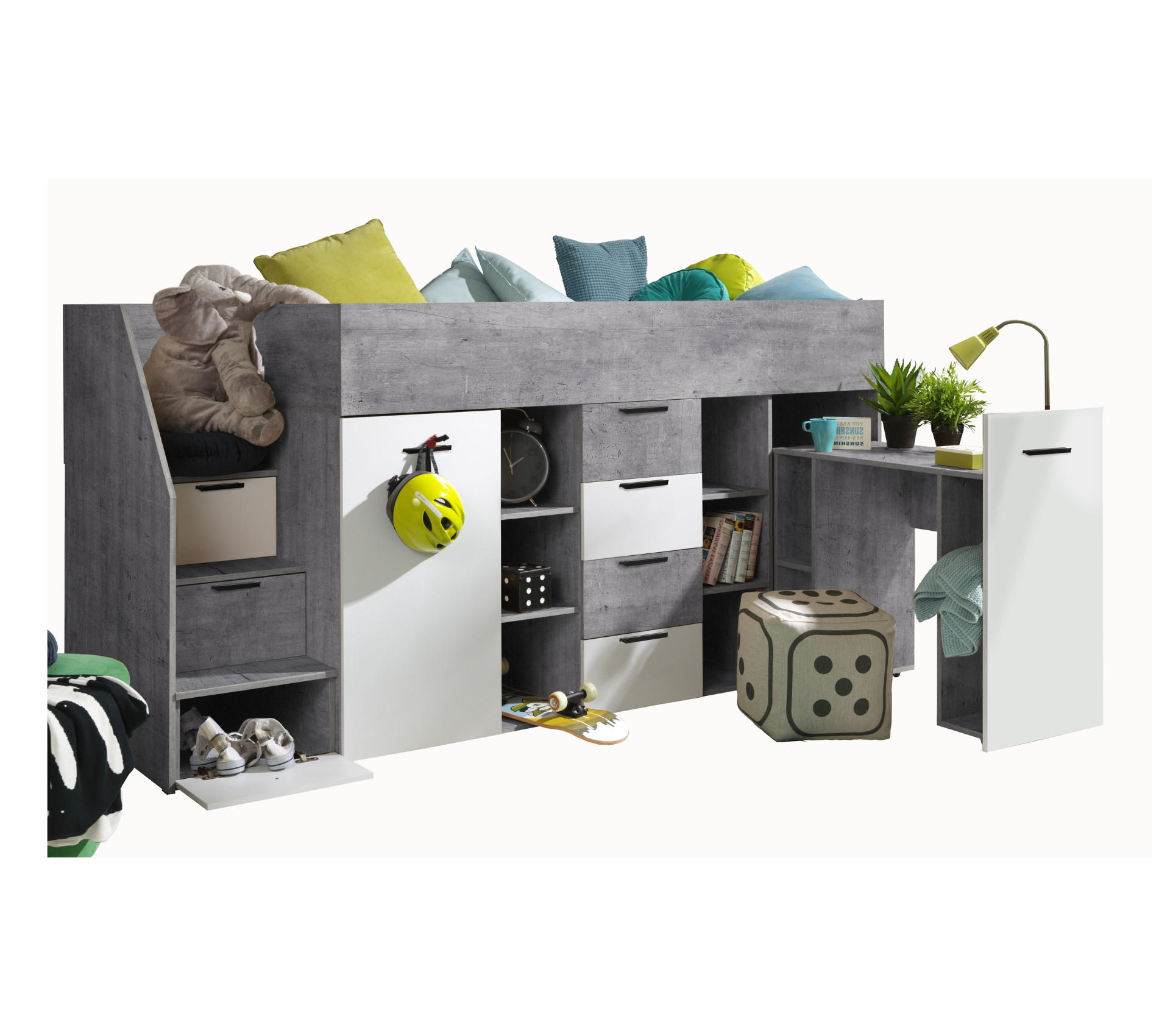HOCHBETT mit Schreibtisch 90/200 cm - Schwarz/Weiß, Holz (90/200cm) - Abiks Möbel
