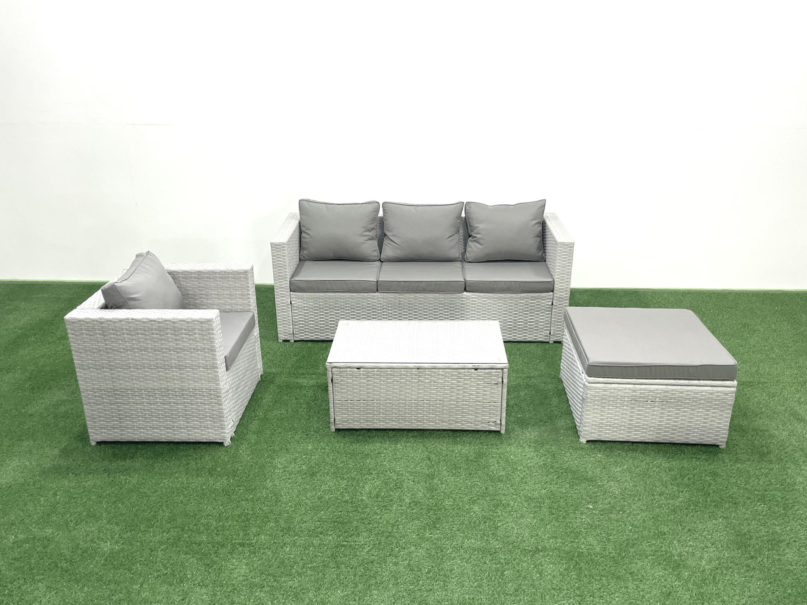 GARTENMÖBELSET mit 3-SITZER SOFA,COUCHTISCH Polyrattan Hellgrau-Mix 5-Sitzer - Hellgrau/Grau, Glas/Kunststoff - Fimous