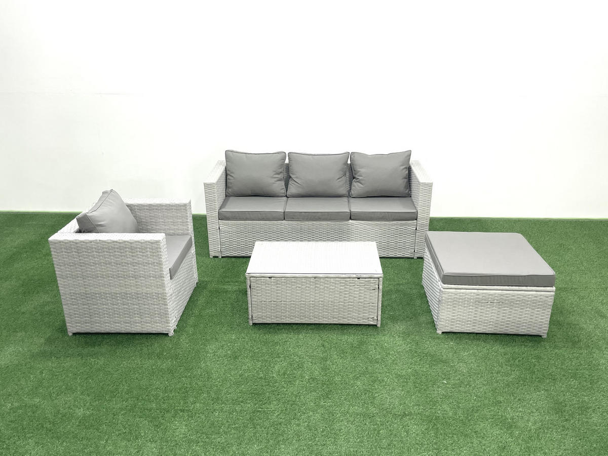 GARTENMÖBELSET mit 3-SITZER SOFA,COUCHTISCH Polyrattan Hellgrau-Mix 5-Sitzer - Hellgrau/Grau, Glas/Kunststoff - Fimous