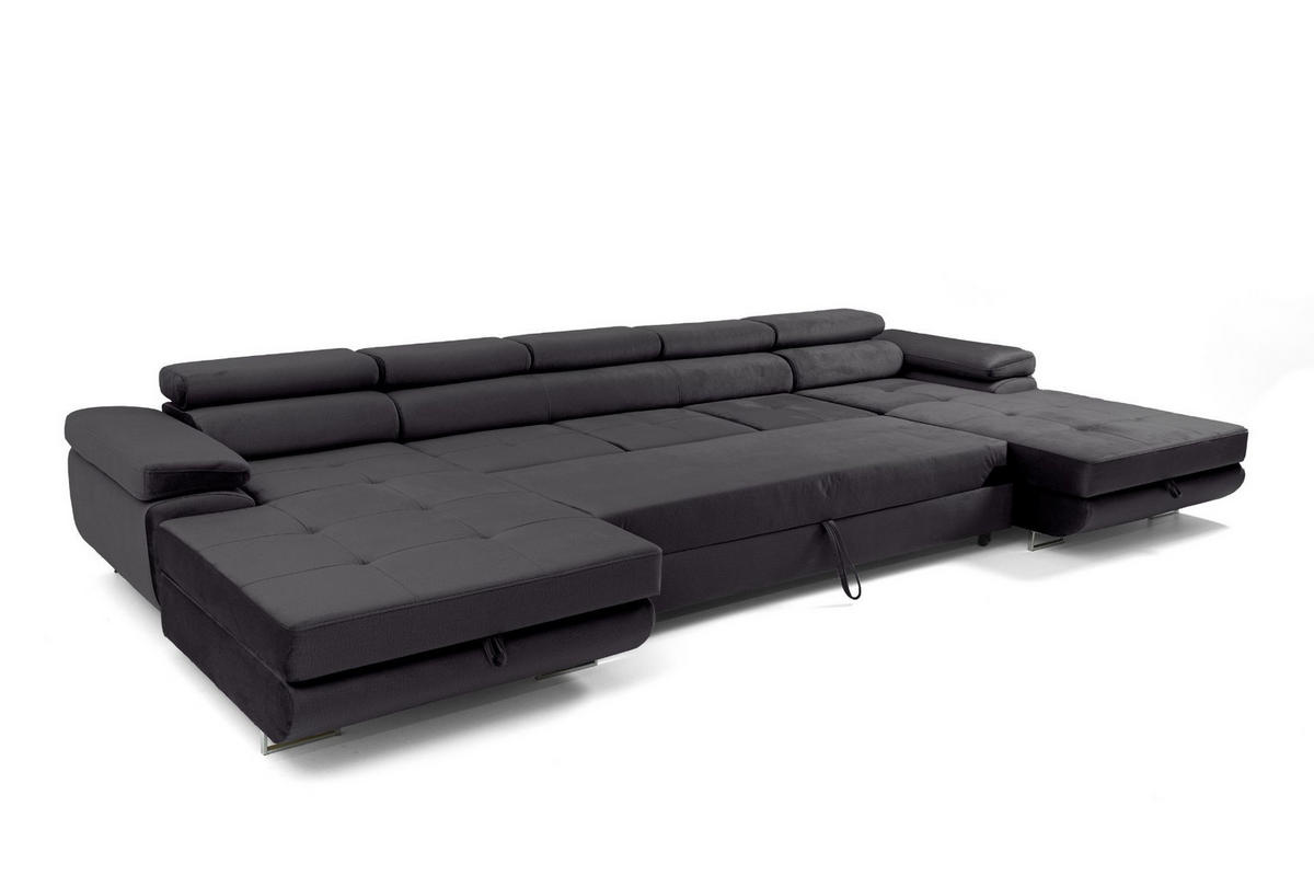 ECKSOFA U-Form ALONZO MAXI U mit Schlaffunktion 125x318 Velours Schwarz - Silberfarben/Schwarz, Holz/Textil (400/90/203cm) - Muffo
