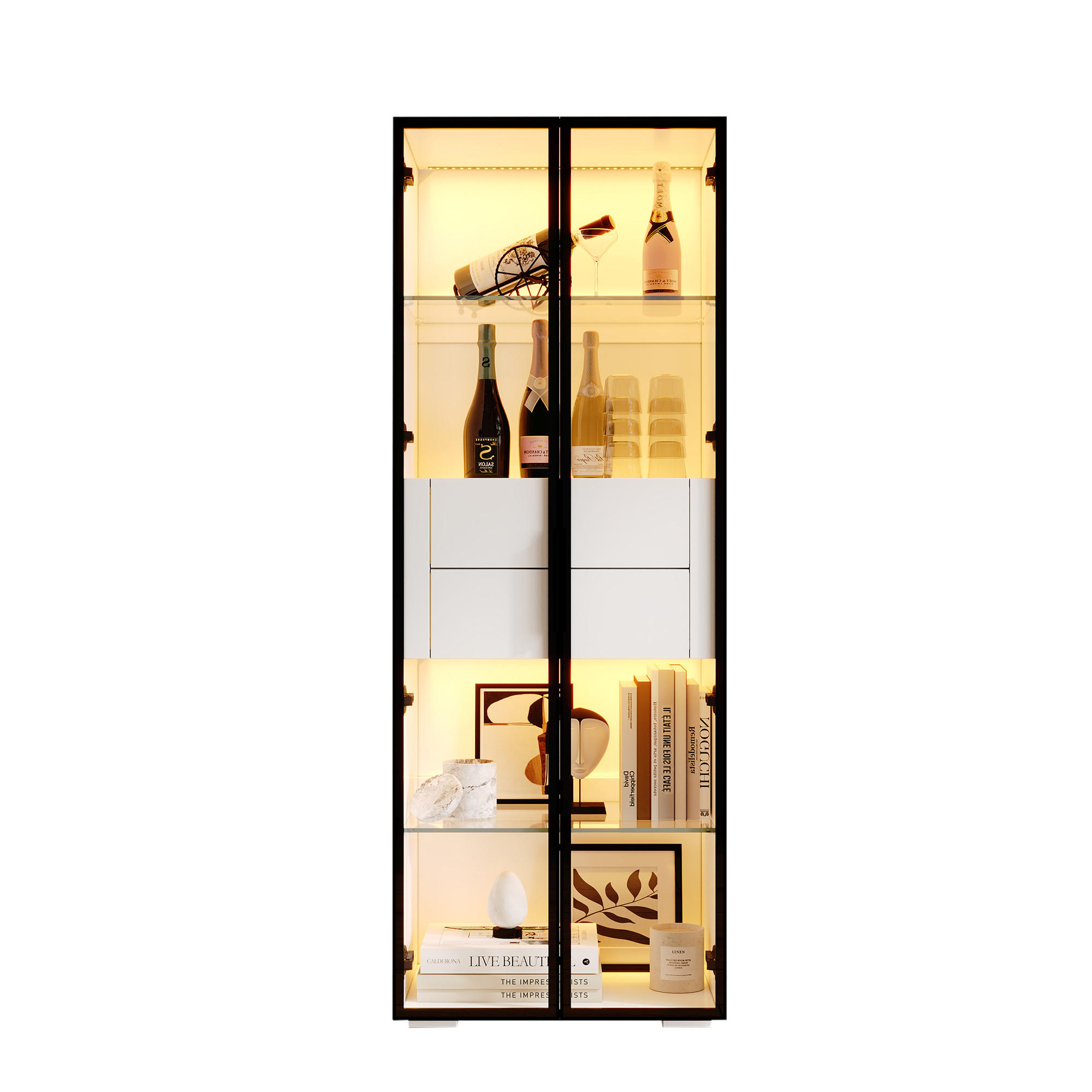 VITRINE LED Gehärtetes Glas 2 Glasböden 2 Schubladen Weiß - Multicolor, Glas (60/160/40cm) - FLIEKS