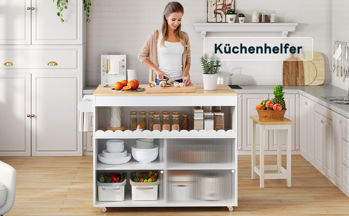 KÜCHENINSELWAGEN mit klappbarer Arbeitsplatte 122 x 46(69) x 91 cm Weiß/Natur - Weiß, Holz (46/91/122cm) - Beauniv