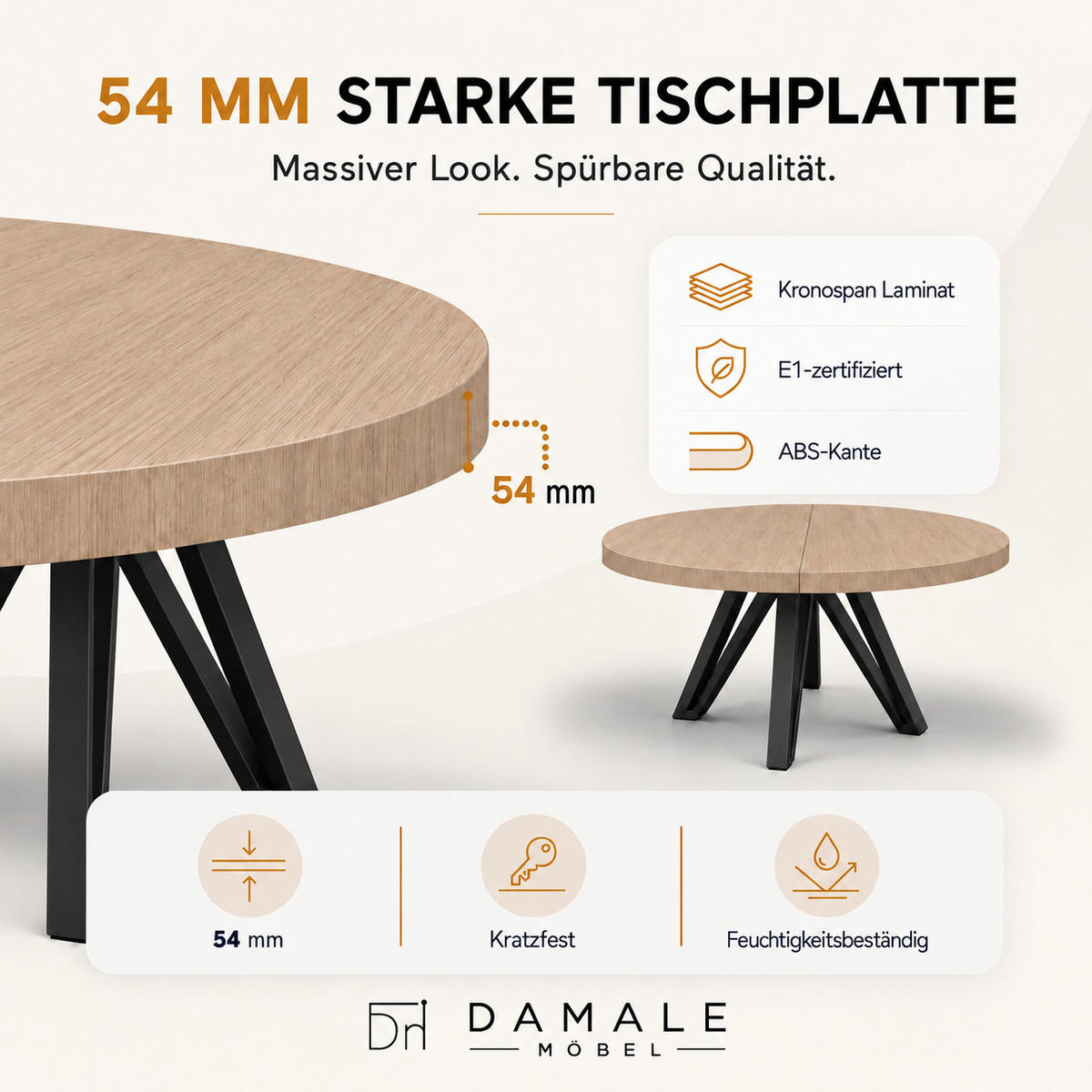 ESSTISCH rund ausziehbar 90/190/76 cm, Hellbraun Eiche Hikora Egger Natur, 54 cm Tischplatte + Industrial Metallgestell Schwarz - Hellbraun/Eichefarben, Holzwerkstoff/Metall (90/190/76cm) - Damale Möbel