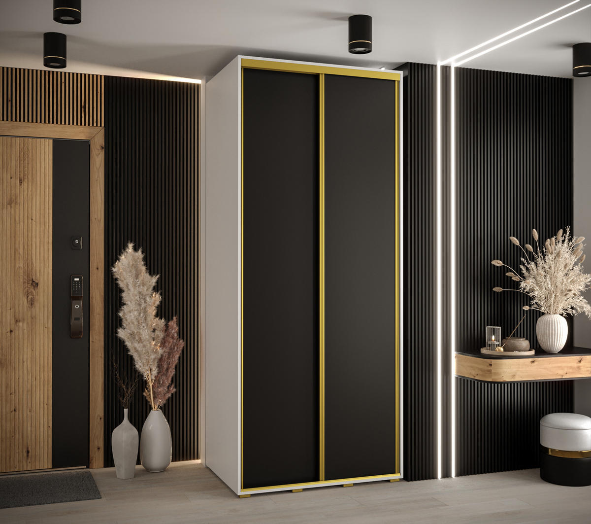 SCHWEBETÜRENSCHRANK 235,2/110/60 2-türig - Goldfarben/Schwarz, Holz/Metall (110/235/60cm) - Abiks Möbel