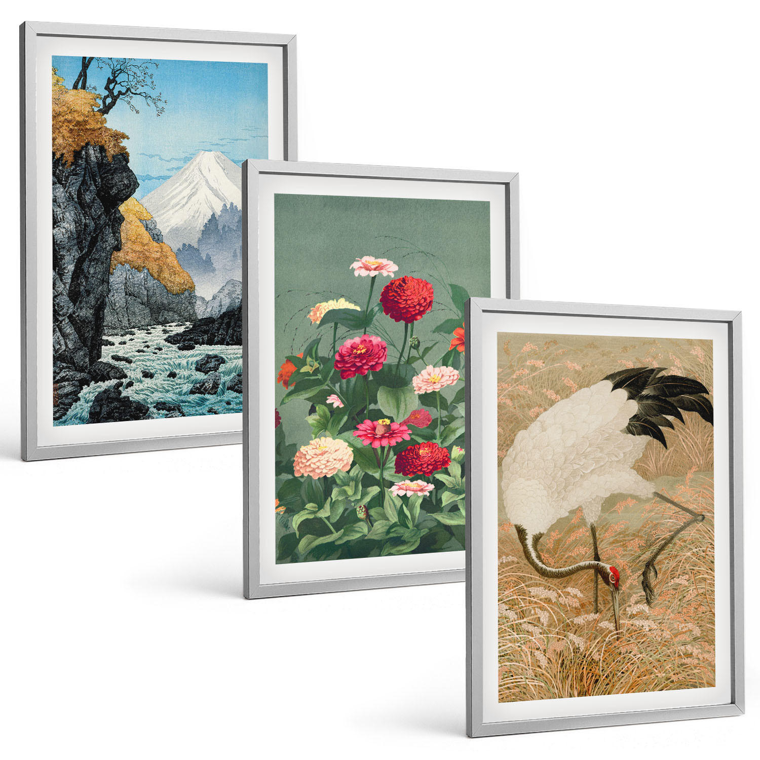 BILDER SET 3er Set - 40x60 cm Silberner Rahmen - Berglandschaft, Fluss, Blumen, Kraniche - Silberfarben, Kunststoff (40/60cm) - TULUP
