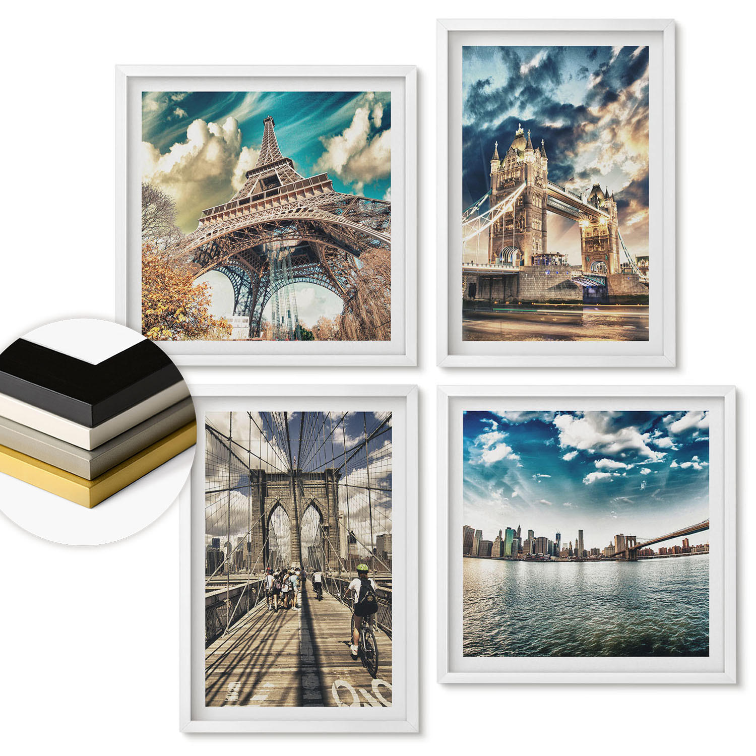 WANDBILDER 4er-Set - 50x50 cm & 40x60 cm Weißer Rahmen - Turmbrücken in europäischen Städten - Weiß, Kunststoff (50/50cm) - ArtPrintCave