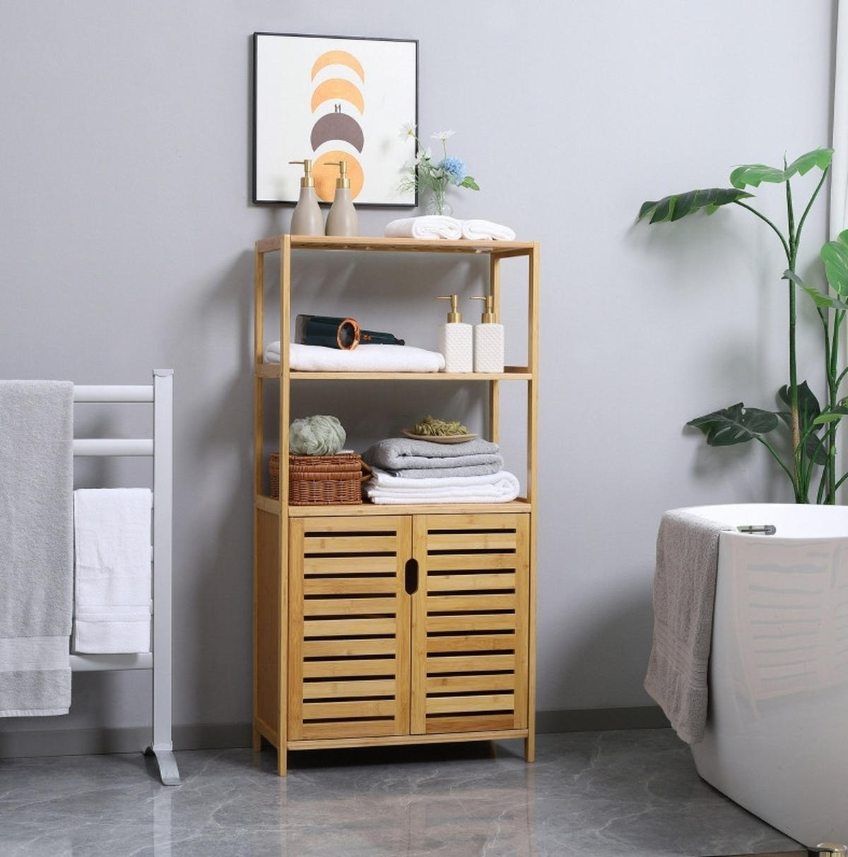 BEISTELLSCHRANK 60x30x120 cm Natur aus Bambus mit lamellierter Tür & Kippschutz - Naturfarben, Naturmaterialen (60/120/30cm) - Modfu