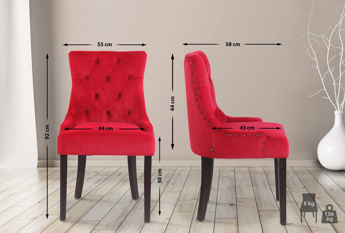 WOHNZIMMERSTUHL 4er Set Samt rot - Rot, Holz/Textil (55/92/58cm) - CLP
