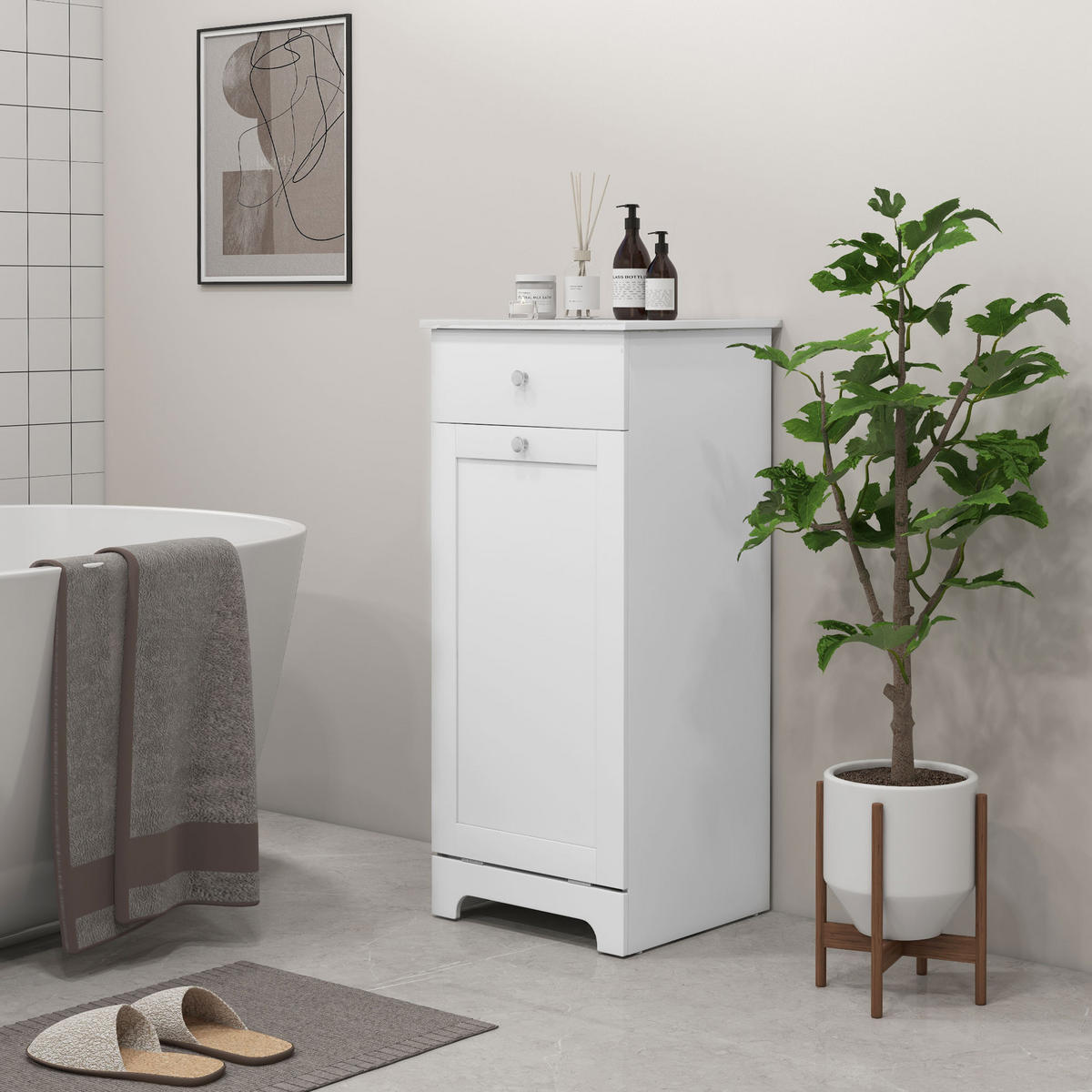 MIDISCHRANK DE-12422 mit wäschekorb 40/40/90 cm Weiß - Weiß, Holzwerkstoff (40/90.5/40cm) - ComfortXL