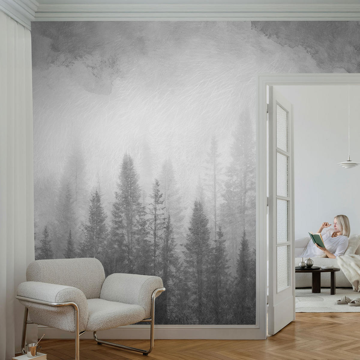 FOTOTAPETE 104x70 cm - Waldnebel - Grau, Textil (104/70cm) - Wallfluent