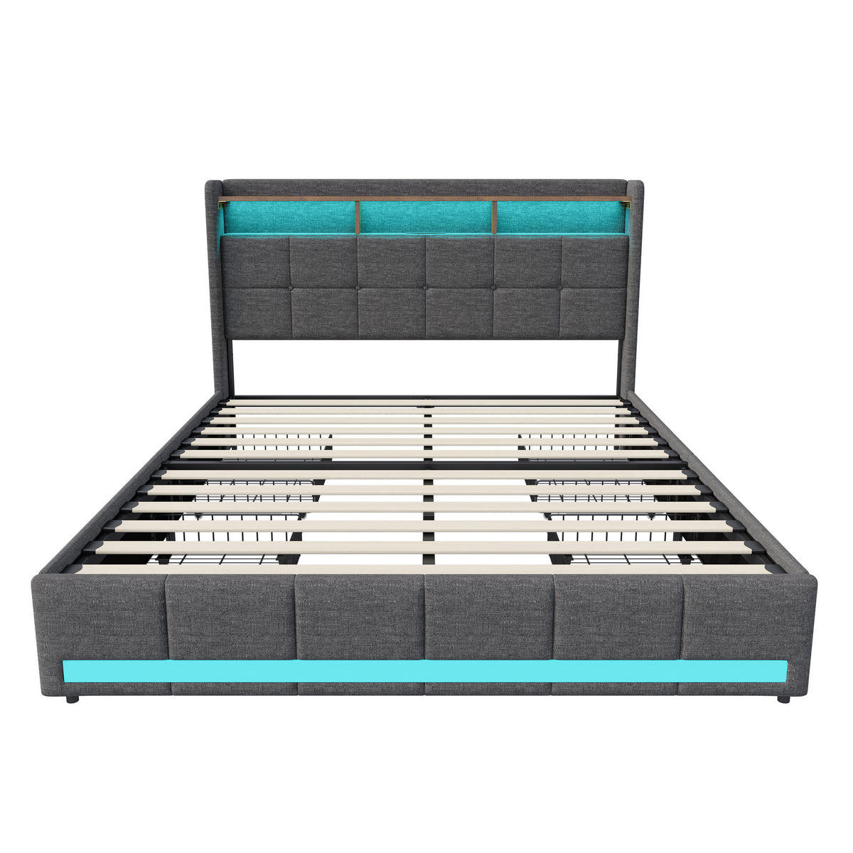 DOPPELBETT 140 x 190 cm mit 4 Schubladen, LED-Kopfteil, USB-/Typ-C-Anschlüssen, Leinen und Lattenrost, grau - Grau, Holzwerkstoff/Textil