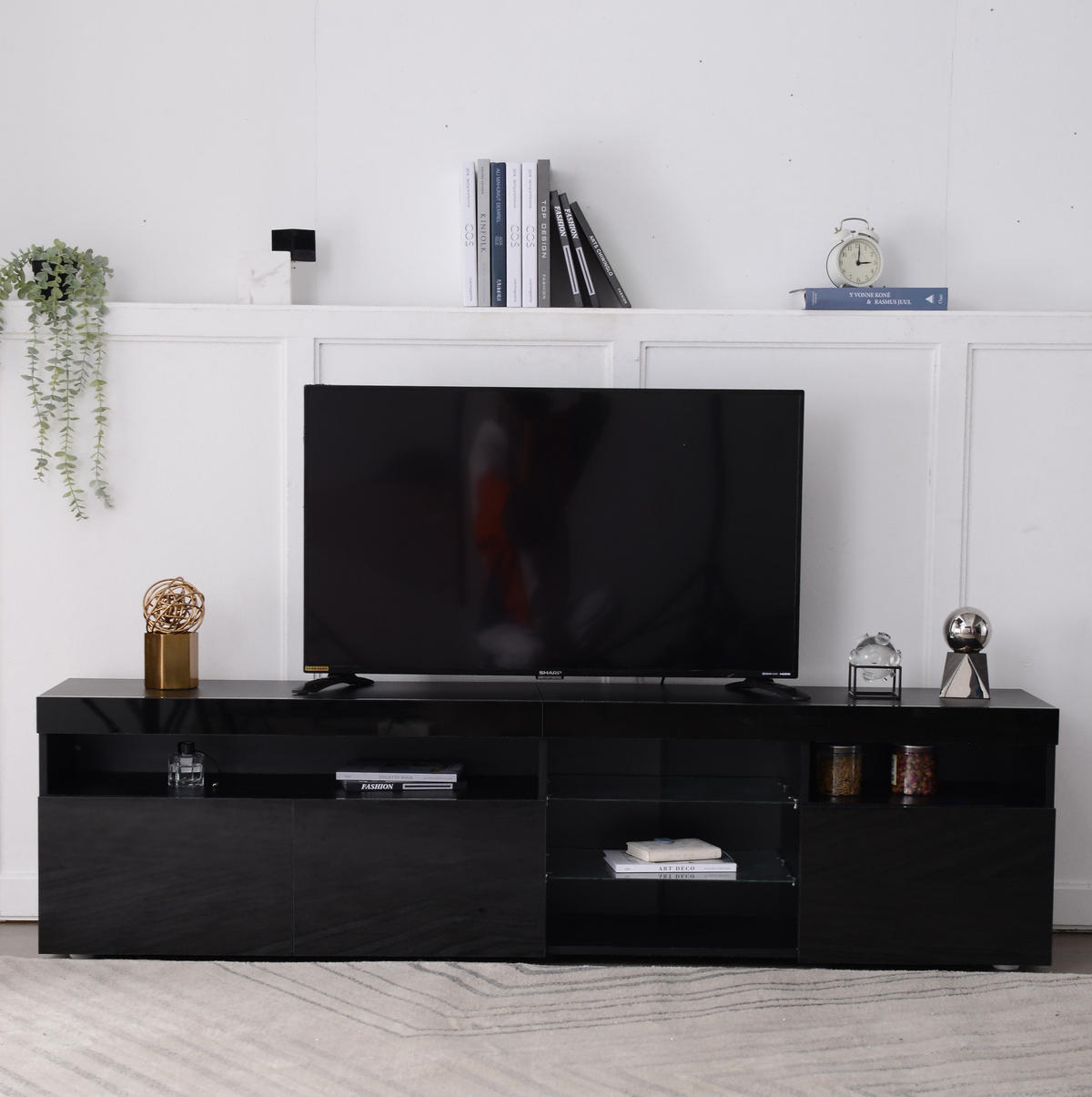 TV-SCHRANK in Schwarz Hochglanz mit LED Beleuchtung und Türen 180/35/48 cm - Schwarz, Holzwerkstoff (180/48/35cm) - Redom