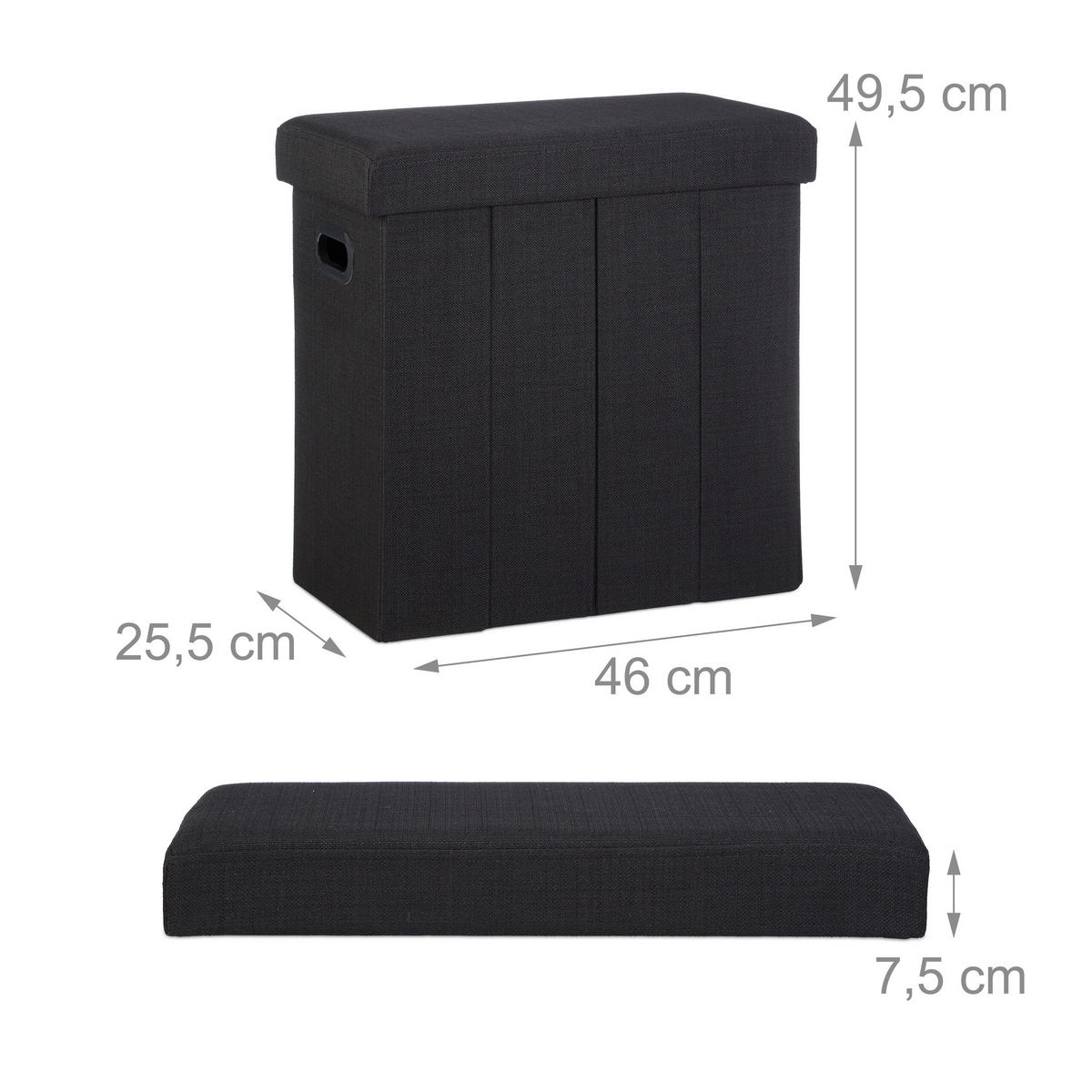TABURE Črna zložljiv s shranjevalnim prostorom 49,5 cm - črna, leseni material/tekstil (46/49.5/25.5cm) - Relaxdays