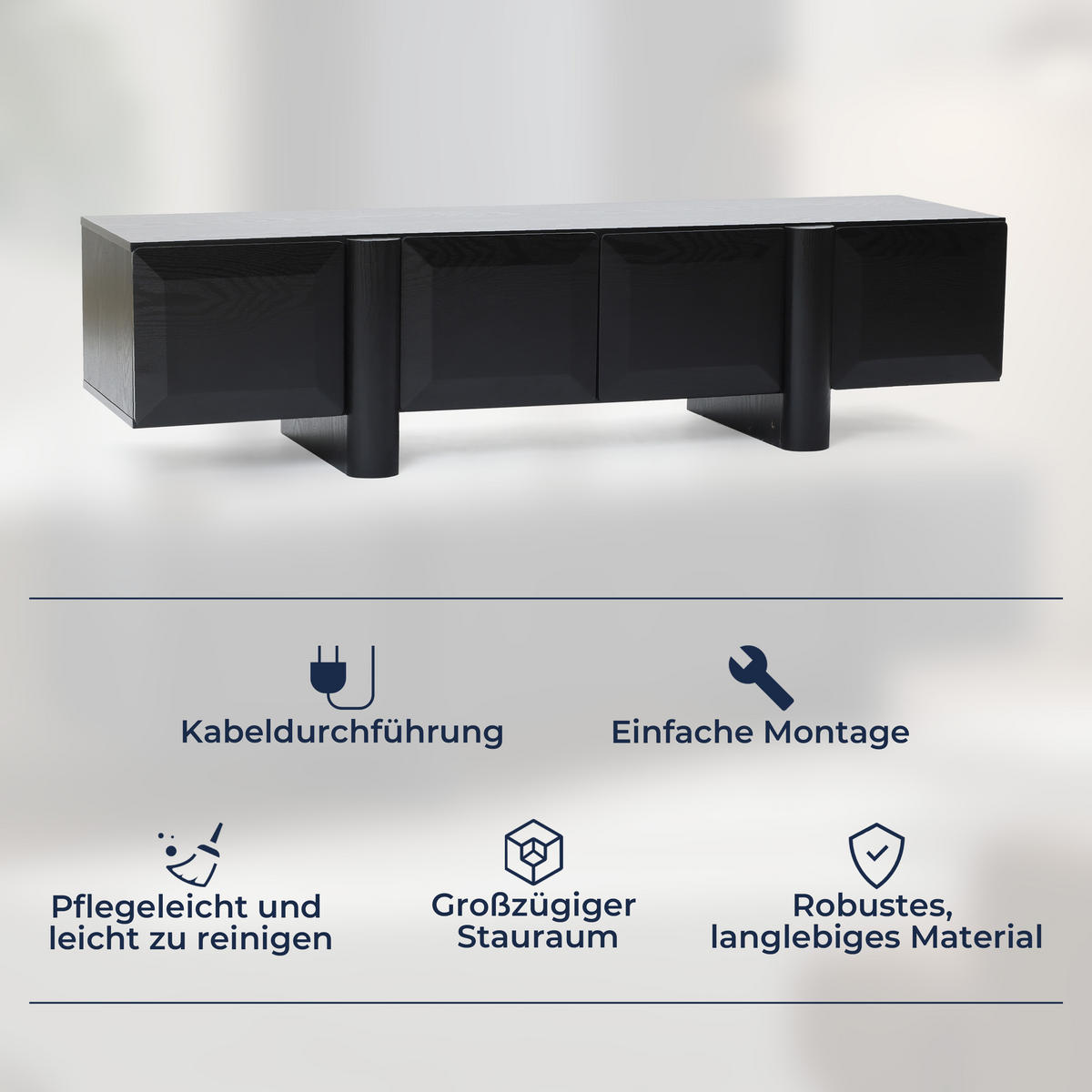 TV-SCHRANK Modern, Schwarz - Breites Lowboard mit 4 Einzel-Schubladen & doppeltem Staufach, MDF TV Board | 160x40x40 cm - Schwarz, Holz (160/40/40cm) - Hometopia