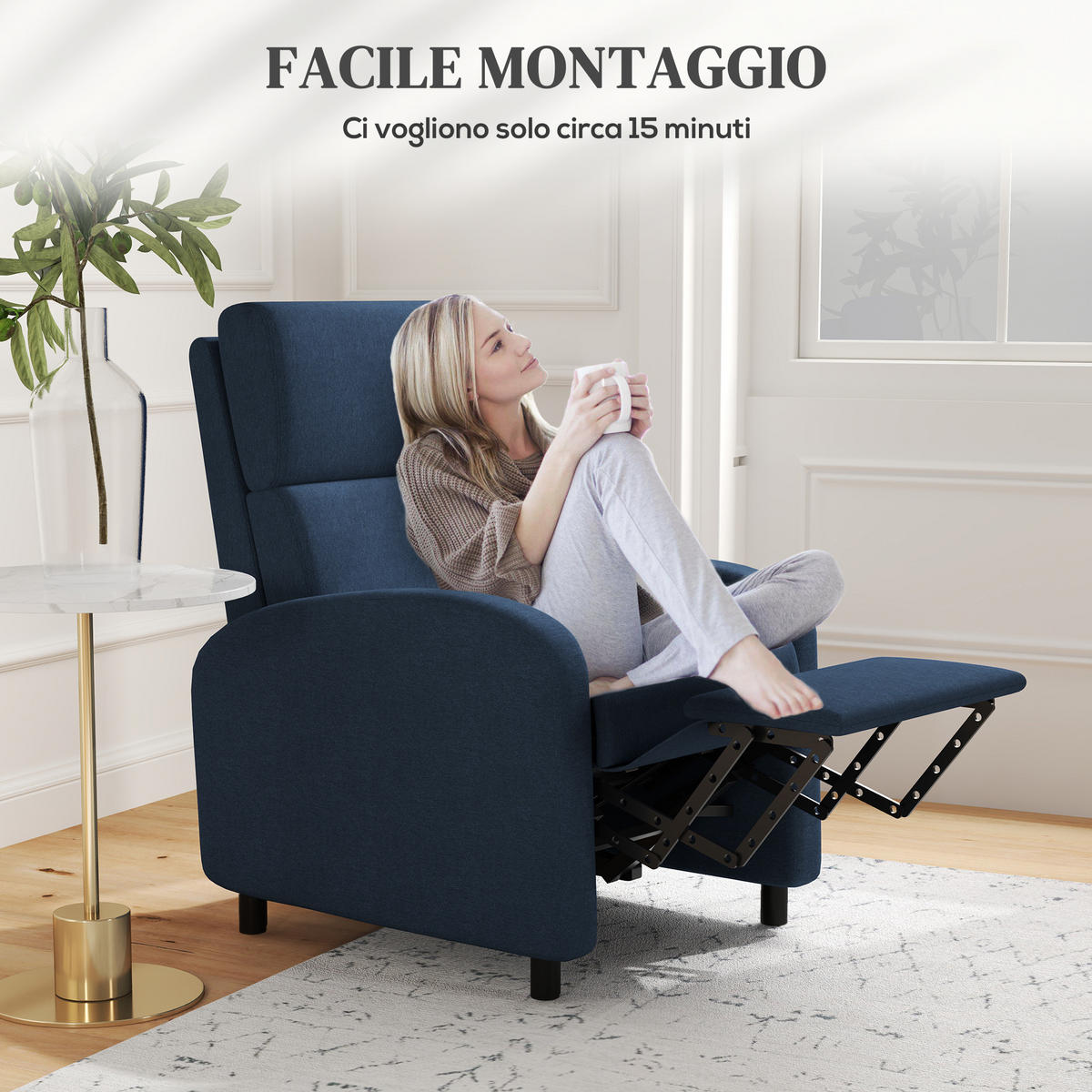 RELAXSESSEL,MANUELL 160° Lehne Stofffußstütze,blau - Blau, Textil (64/102/86cm) - Vallsero