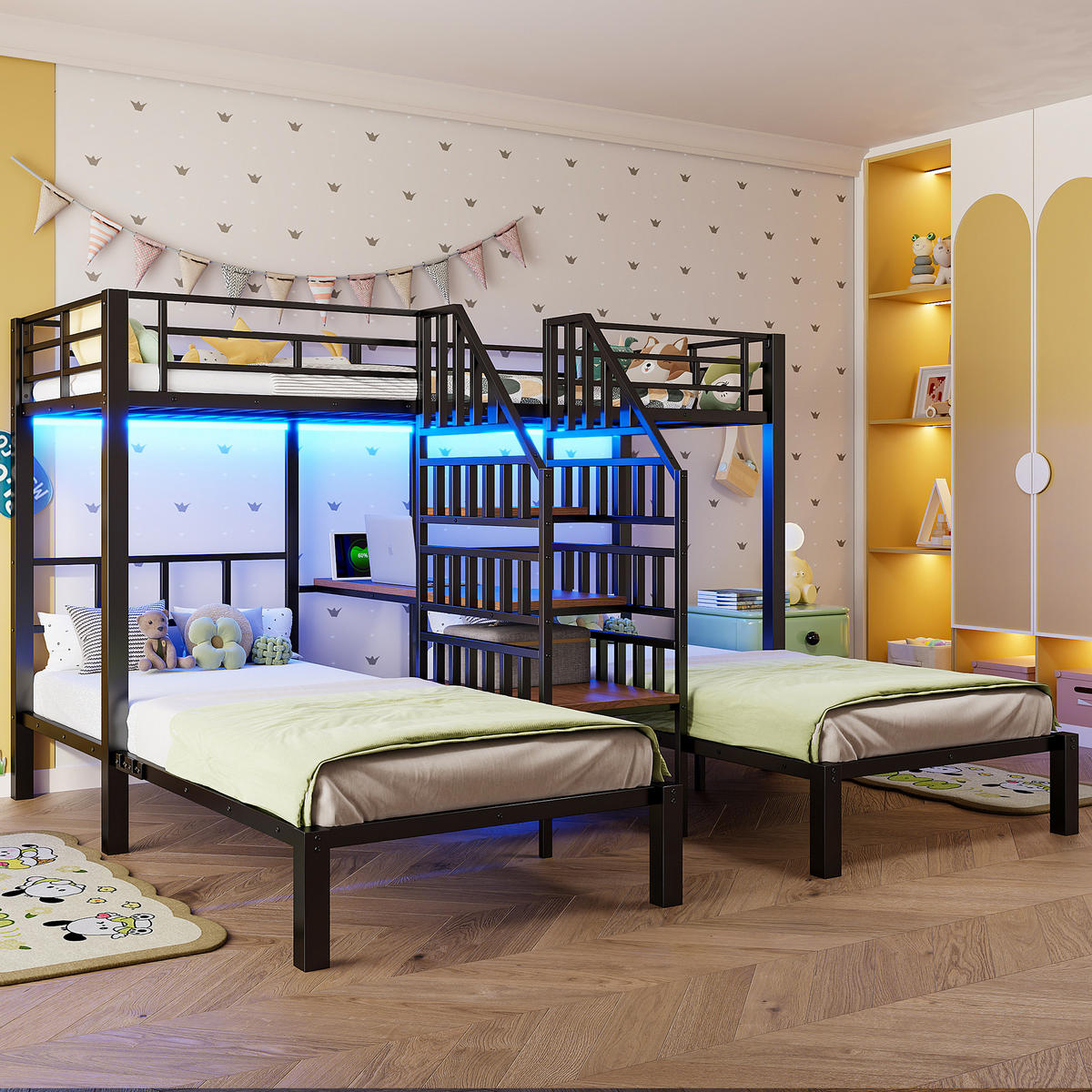 ETAGENBETT 90/200 cm in Schwarz mit Schreibtisch, Regal und LED Metall Jugendbett - Schwarz, Holzwerkstoff/Metall (90/200cm) - STILVORA