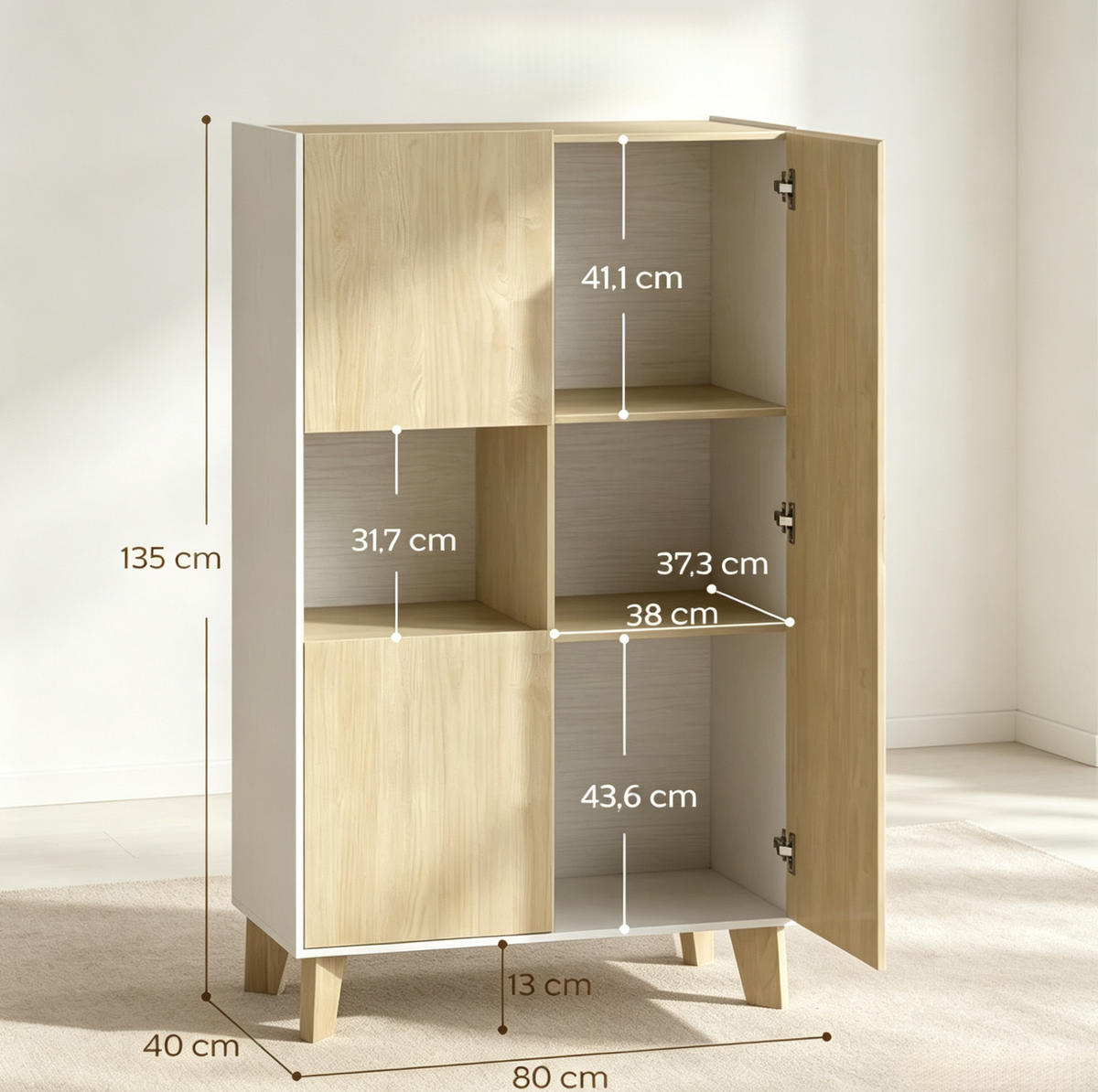 SIDEBOARD aus MDF und Spanplatte 80x40x135 cm Weiß/Eiche hell mit 5 Fächern - Weiß, Holzwerkstoff (80/135/40cm) - IVMEU