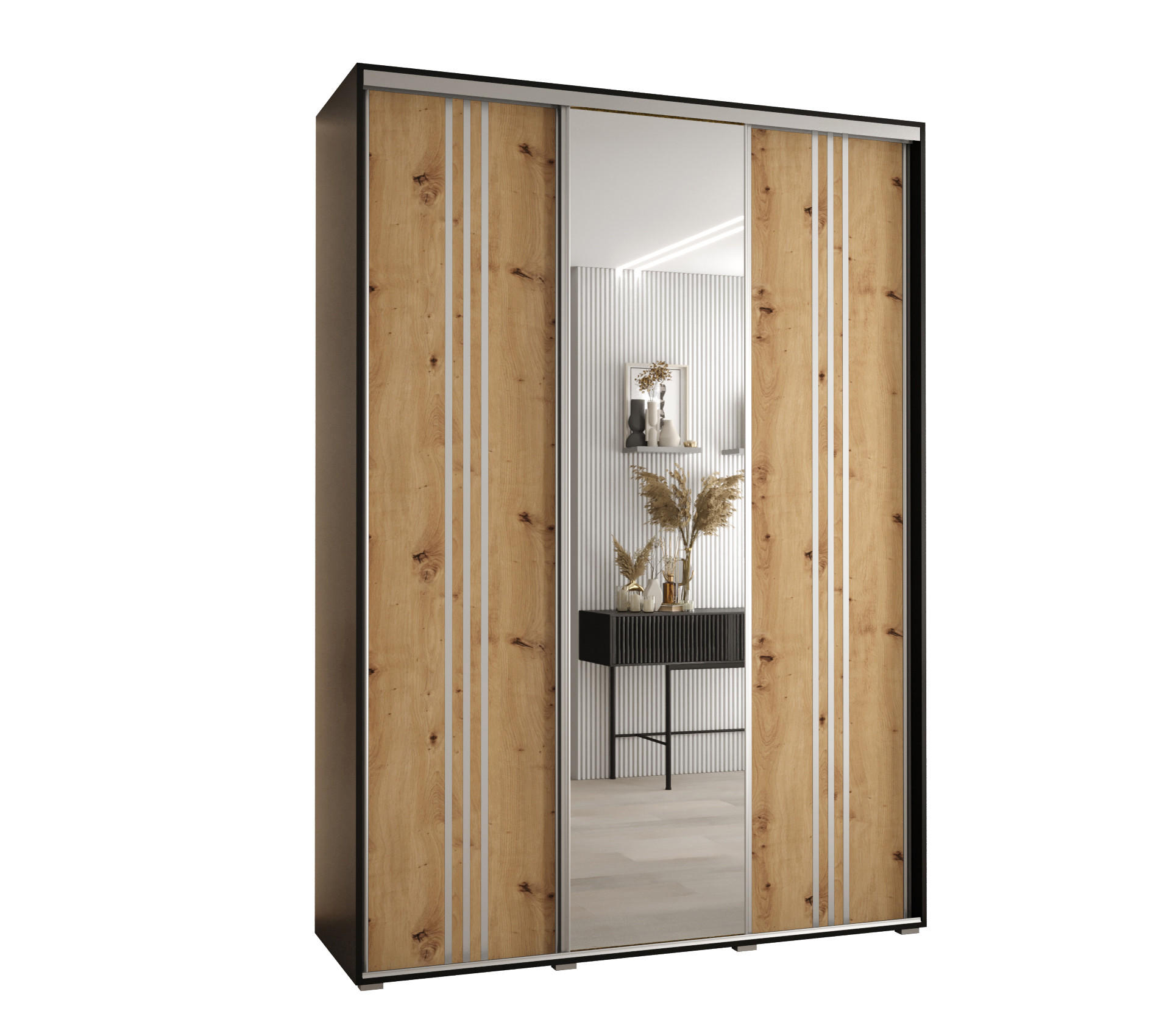 Abiks Möbel SCHWEBETÜRENSCHRANK Schwarz, Eiche Artisan, Silber 170cm × 60cm × 235cm