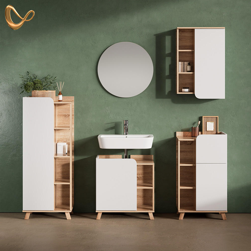 BADSCHRANK Marano Sonoma/Weiß 50 x 75 cm mit Tür und offenen Fächern - Weiß/Sonoma Eiche, Holzwerkstoff (50/75/20cm) - Livinity®