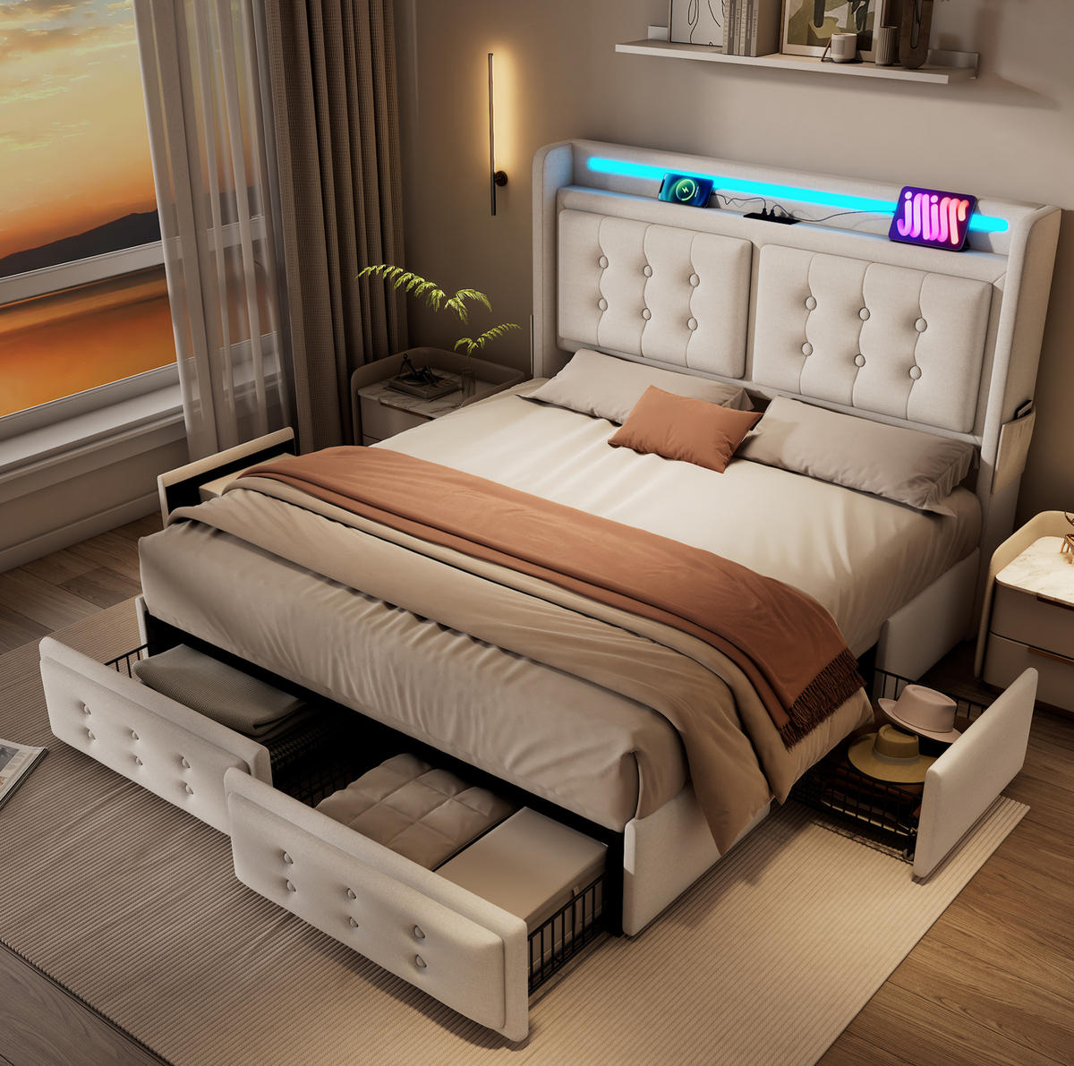 POLSTERBETT 180/200 cm mit LED, USB/Typ‑C & 4 Schubladen, Baumwoll-Leinen-Bezug, Beige - Beige, Textil (180/200cm) - Redom