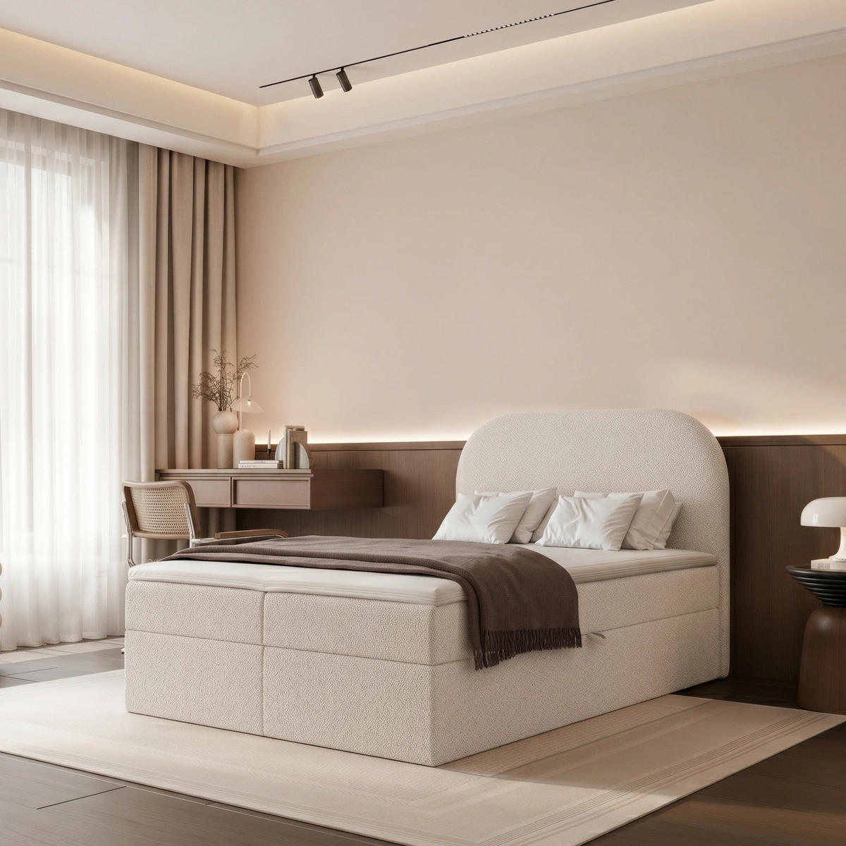 BOXBETT FUZZI 120x200 cm Beige (Bouclé-Stoff) - mit 2 Bettkästen, Bonellmatratze und weichem Kopfteil - Beige, Holzwerkstoff/Textil (120/200cm) - Ravio