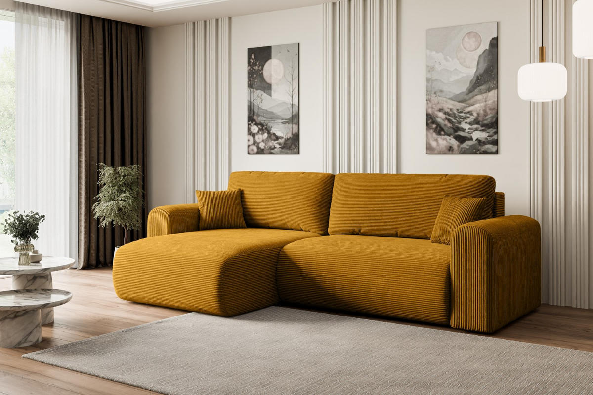 ECKSOFA mit Schlaffunktion und Bettkasten ORRO-L - 272x145x83 cm Senfgelb Cord - Gelb/Schwarz, Holzwerkstoff/Kunststoff (272/145cm) - ALTDECOR