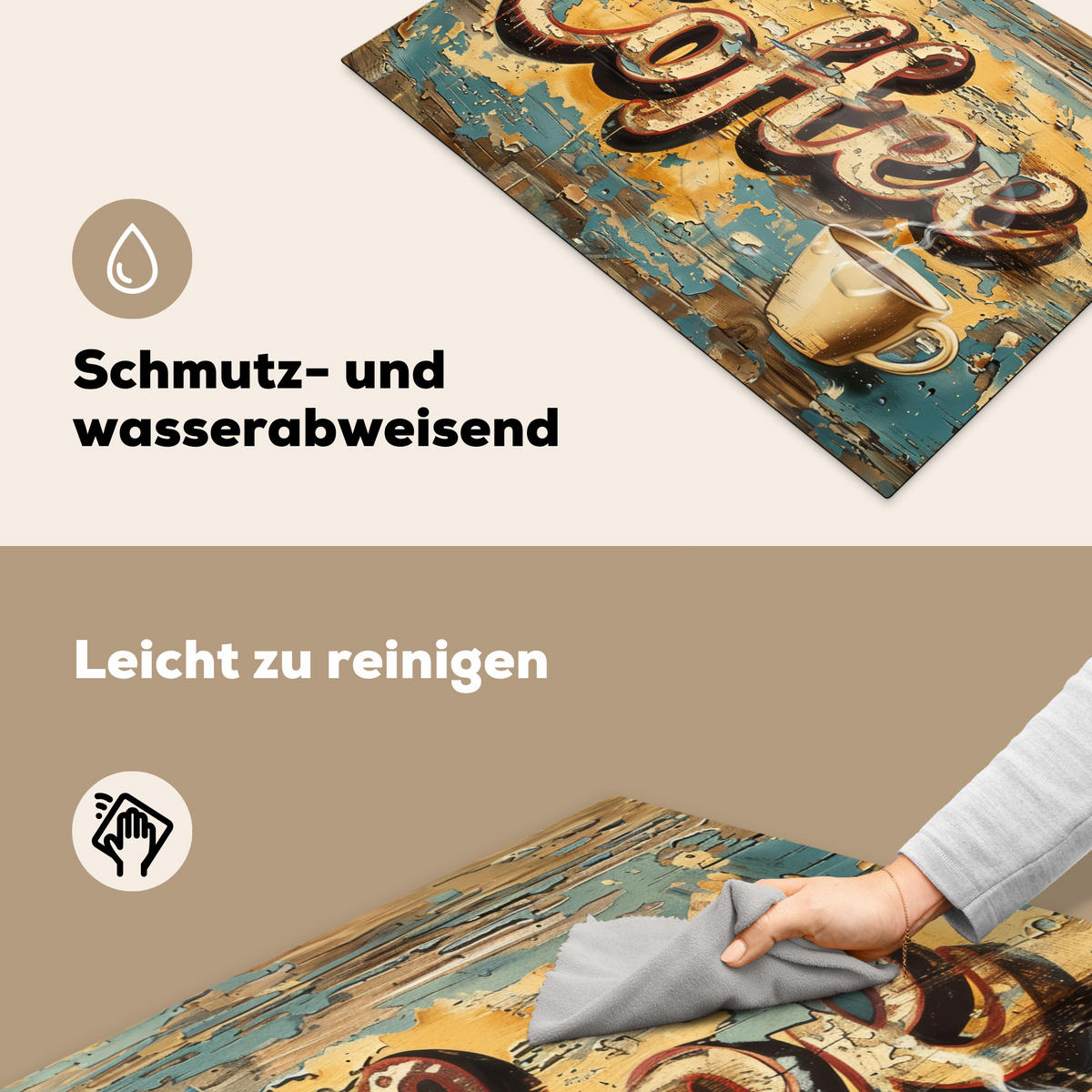 HERDABDECKPLATTE Kaffee - Vintage - Braun - Tasse Herdabdeckung Induktionsfeld 75x52 cm - Teakfarben, Kunststoff (75/52/0.2cm) - MuchoWow