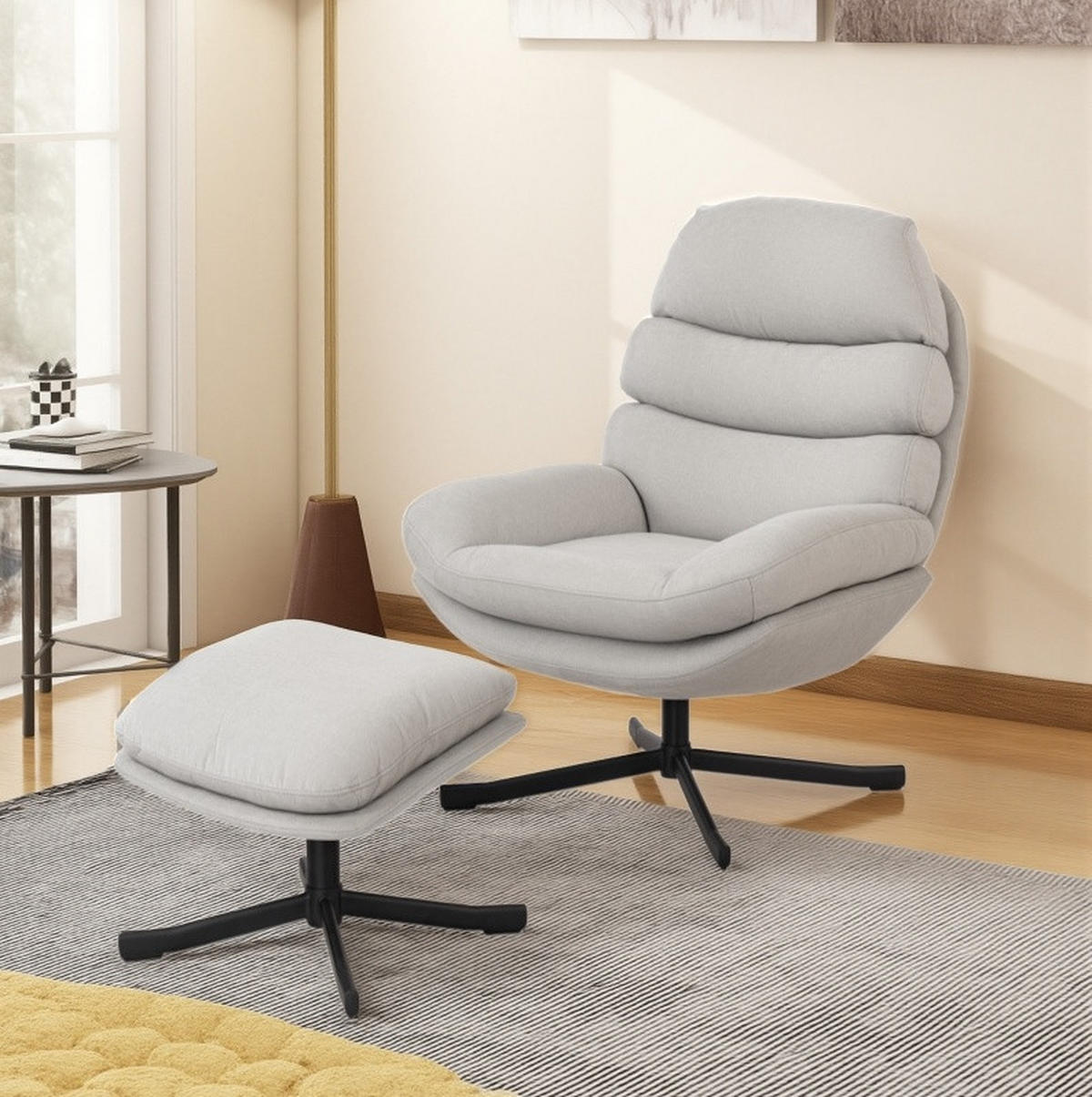 RELAXSESSEL mit Hocker Chenille-Stoff 360° drehbar 78/93/100 cm Cremeweiß - Creme, Textil (78/100/93cm) - Redom