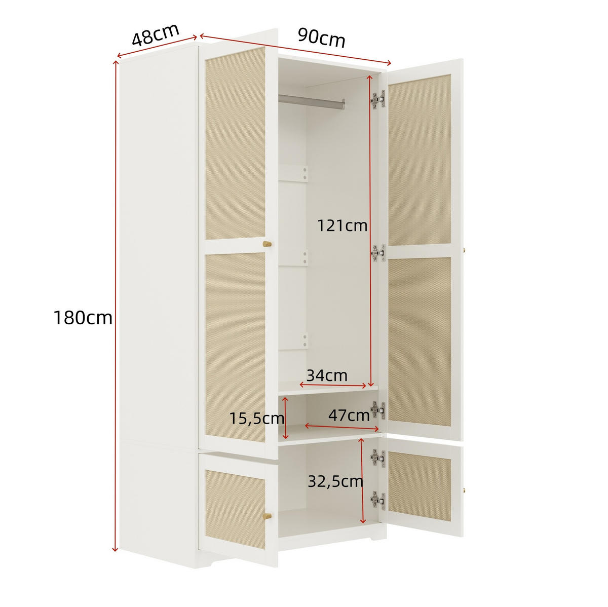 KLEIDERSCHRANK aus MDF 90x48x180 cm Weiß mit Rattantüren, Kleiderstange und Einlegeböden - Weiß, Holzwerkstoff (90/180/48cm) - Modfu
