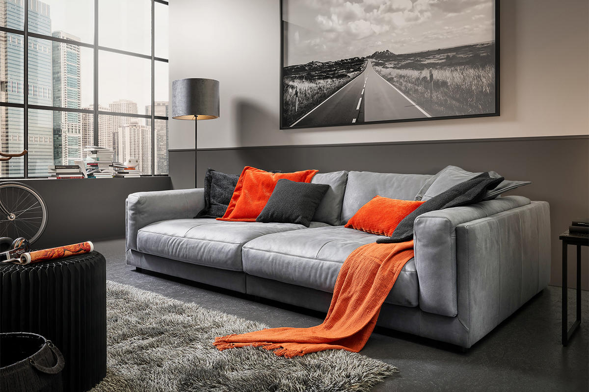 BIG SOFA RAINA Grau Leder - Schwarz/Grau, Leder/Kunststoff (294/85/150cm) - KAWOLA
