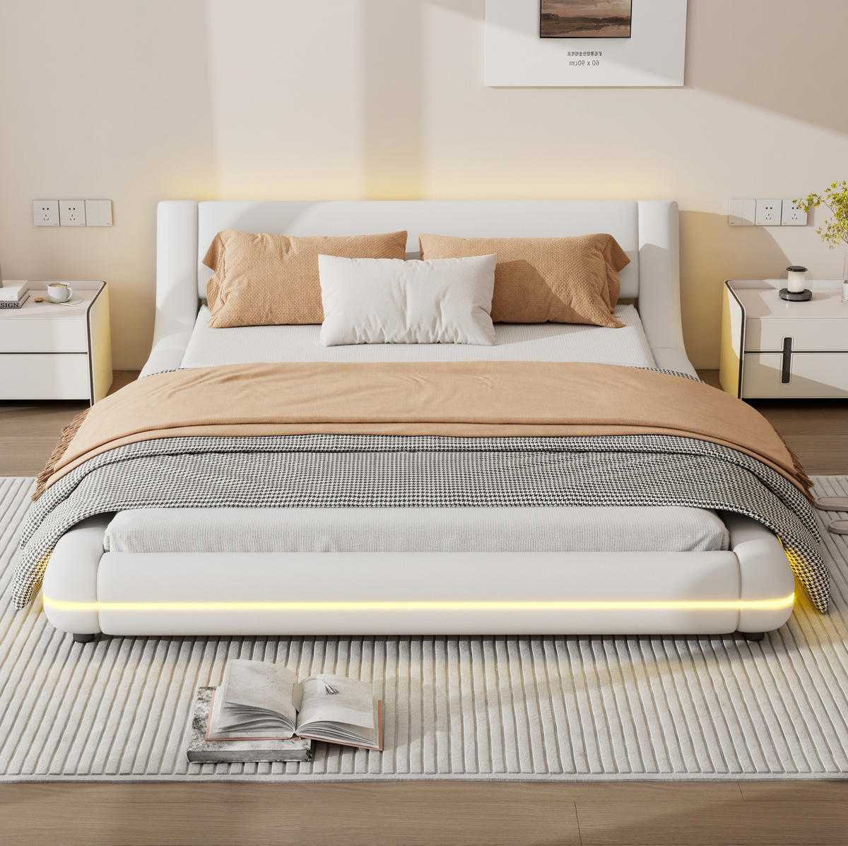 KREVET 140/200 cm s LED ambijentalnim osvjetljenjem i PU presvlakom, Bijela - bijela, koža (140/200cm) - Redom