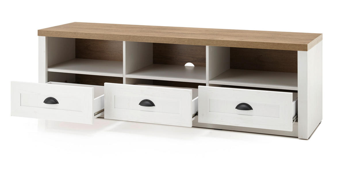 WOHNWAND weiß Pinie, Eiche hell Landhaus, Wohnkombination 4-teilig 300 x 198 cm - Eichefarben/Schwarz, Holzwerkstoff/Metall (300/198/43cm) - Furn.Design