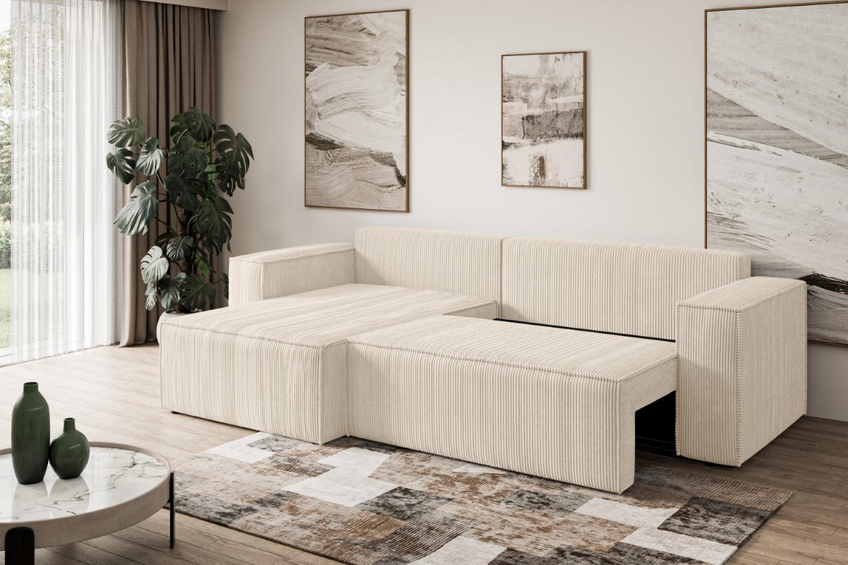 ECKSOFA mit Schlaffunktion und Bettkasten CELTIC-XL - 277x143x83 cm Beige Cord - Beige/Schwarz, Holzwerkstoff/Kunststoff (277/143cm) - ALTDECOR