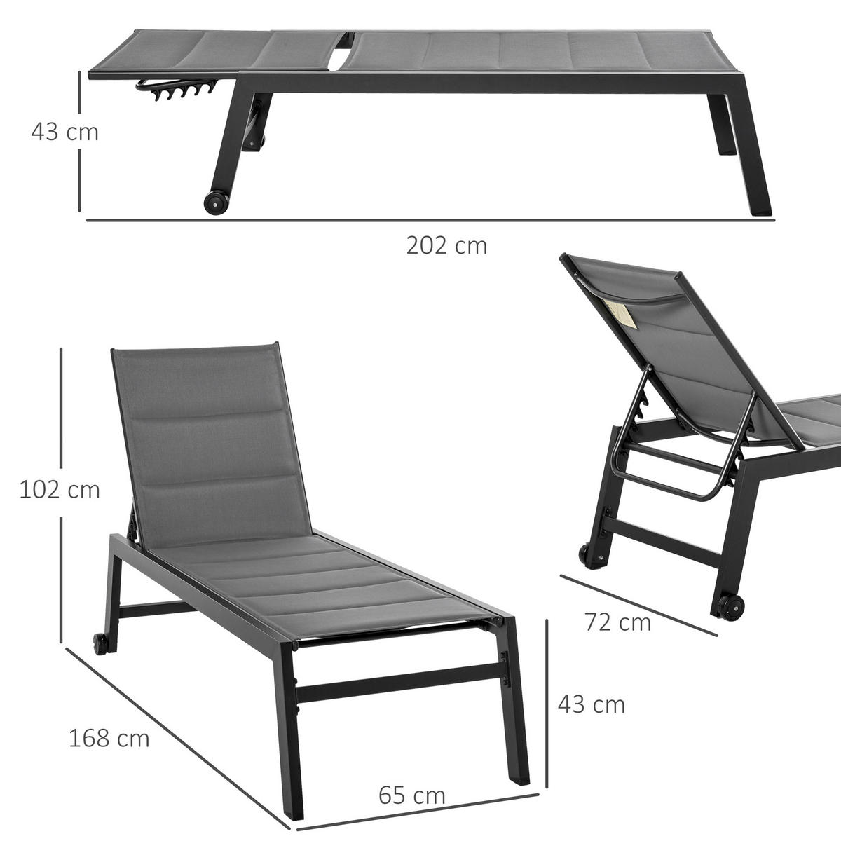 SONNENLIEGE 5-fach verstellbare Gartenliege 168*65*102 cm - Schwarz, Metall (168/102/72cm) - Vallsero