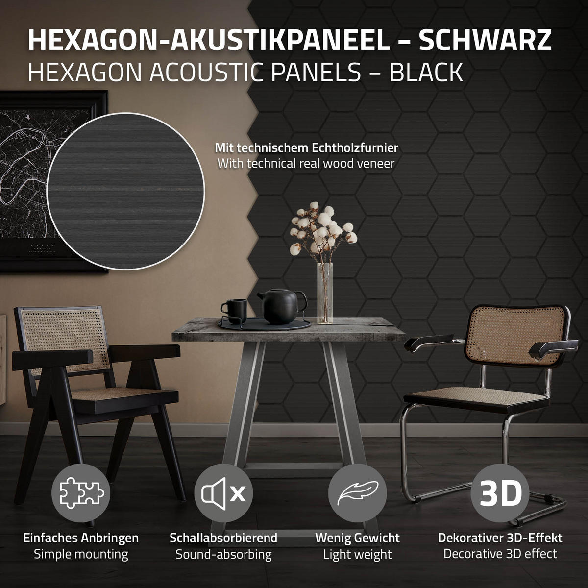 AKUSTIKPANEEL Echtholz 2er Set Schwarz Hexagon - Schwarz, Holzwerkstoff (2.1/81.1/66.6cm) - ML-DESIGN
