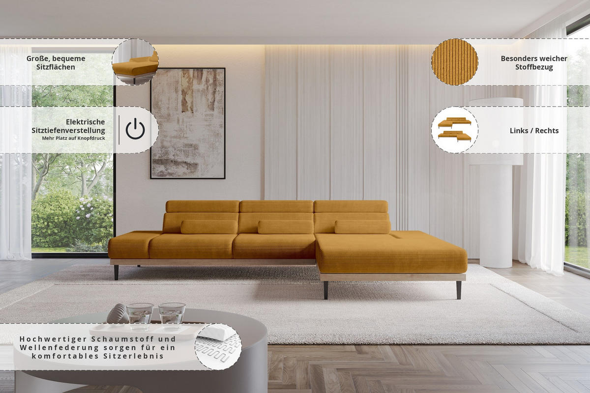 ELEKTRISCHES ECKSOFA Rechts MONA 316x205x85 Senfgelb Cord - Dunkelgelb, Holzwerkstoff/Textil (316/205cm) - ALTDECOR