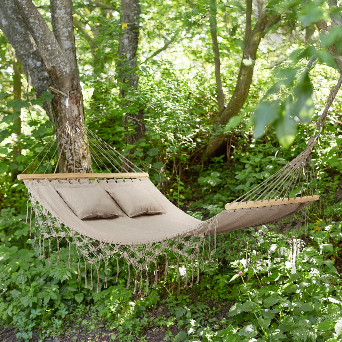 HÄNGEMATTE mit 2 Kissen, 200/150 cm, bis 220 kg, für 2 Personen - Beige, Textil (200/1/150cm) - Outtec