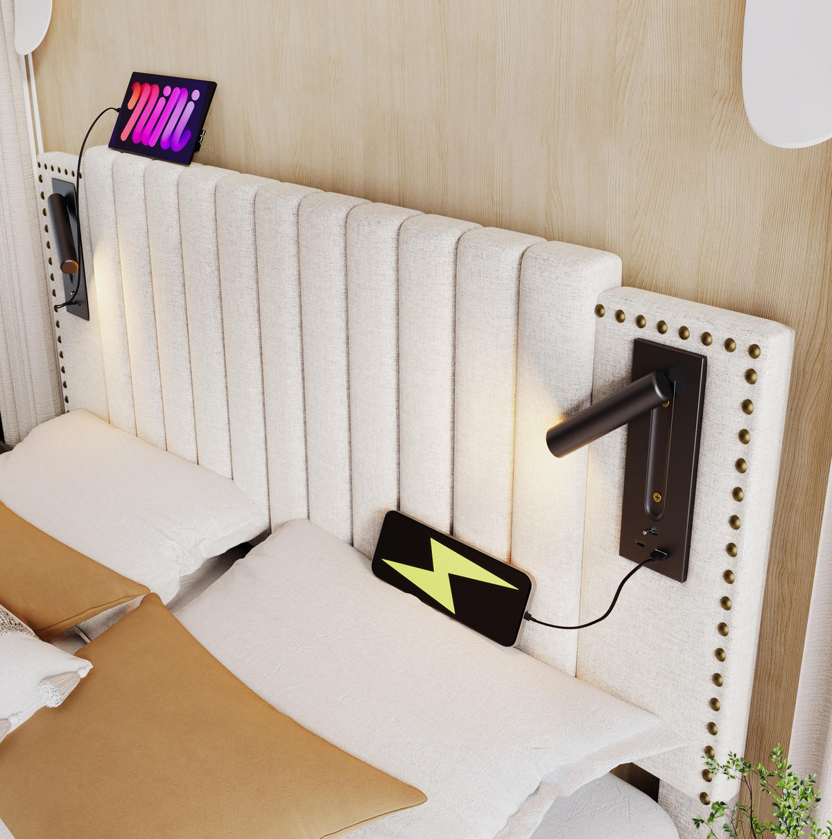 TAPECIRANI krevet 160/200 cm s LED svjetlom za čitanje, USB i Type-C priključcima te spremištem, Bež - bež, tekstil (160/200cm) - Redom