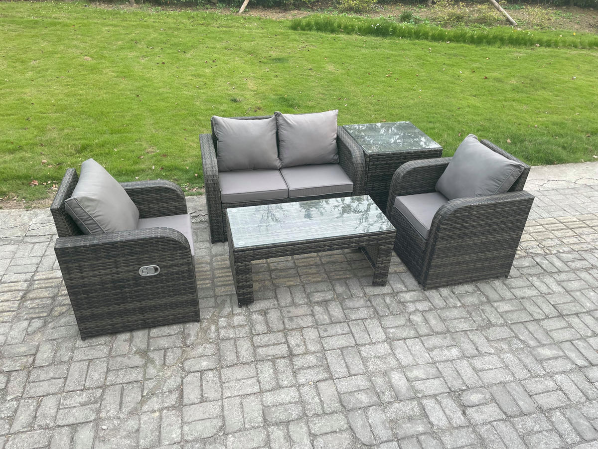 GARTENSOFA SET mit COUCHTISCH Polyrattan 4-Sitzer - Dunkelgrau/Grau, Glas/Kunststoff - Fimous