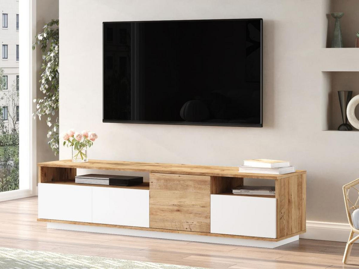 TV-MÖBEL mit 4 Türen & 2 Regalen - Holzfarben hell & Weiß - CEDONA - Naturfarben, Holz (44.5/44.6/180cm) - Vente-Unique