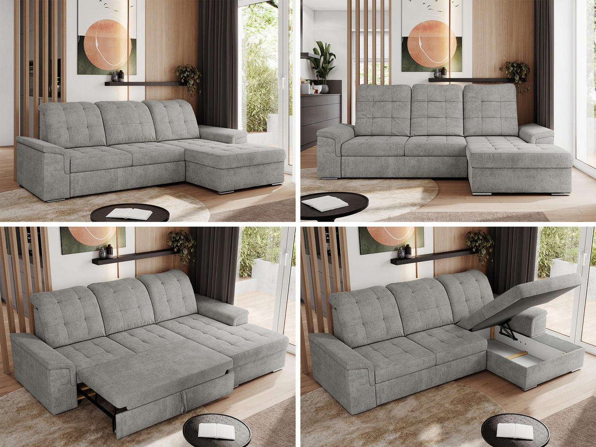ECKSOFA MADRITO L - Hellgrau Struktur - Rechts - Silberfarben/Hellgrau, Textil/Metall (256/160cm)