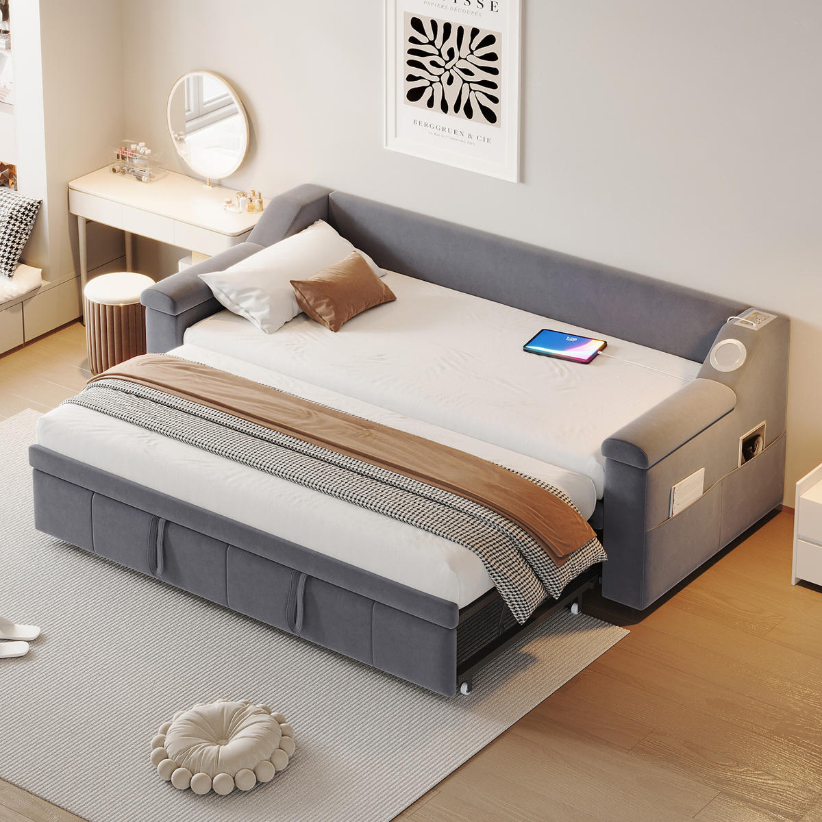 POLSTERBETT 90/180X190 cm Mit USB-Ladeanschluss in Samtstoff，Grau - Grau, Textil (90/190cm) - KOMHTOM