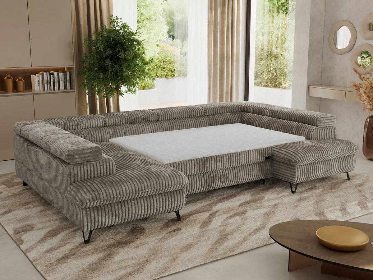 WOHNLANDSCHAFT PABLO U Cord Hellbraun mit Topper Visco - Schwarz/Grau, Textil/Metall (346/76/208cm) - MKS