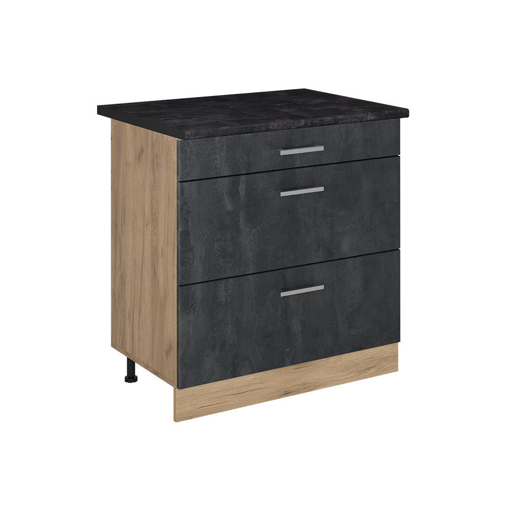 KÜCHENUNTERSCHRANK R-Line, Schwarz Beton/Goldkraft Eiche, 80 cm mit 3 Schubladen Arbeitsplatte Anthrazit - Eichefarben/Schwarz, Holzwerkstoff (80/81.6/60cm) - Vicco