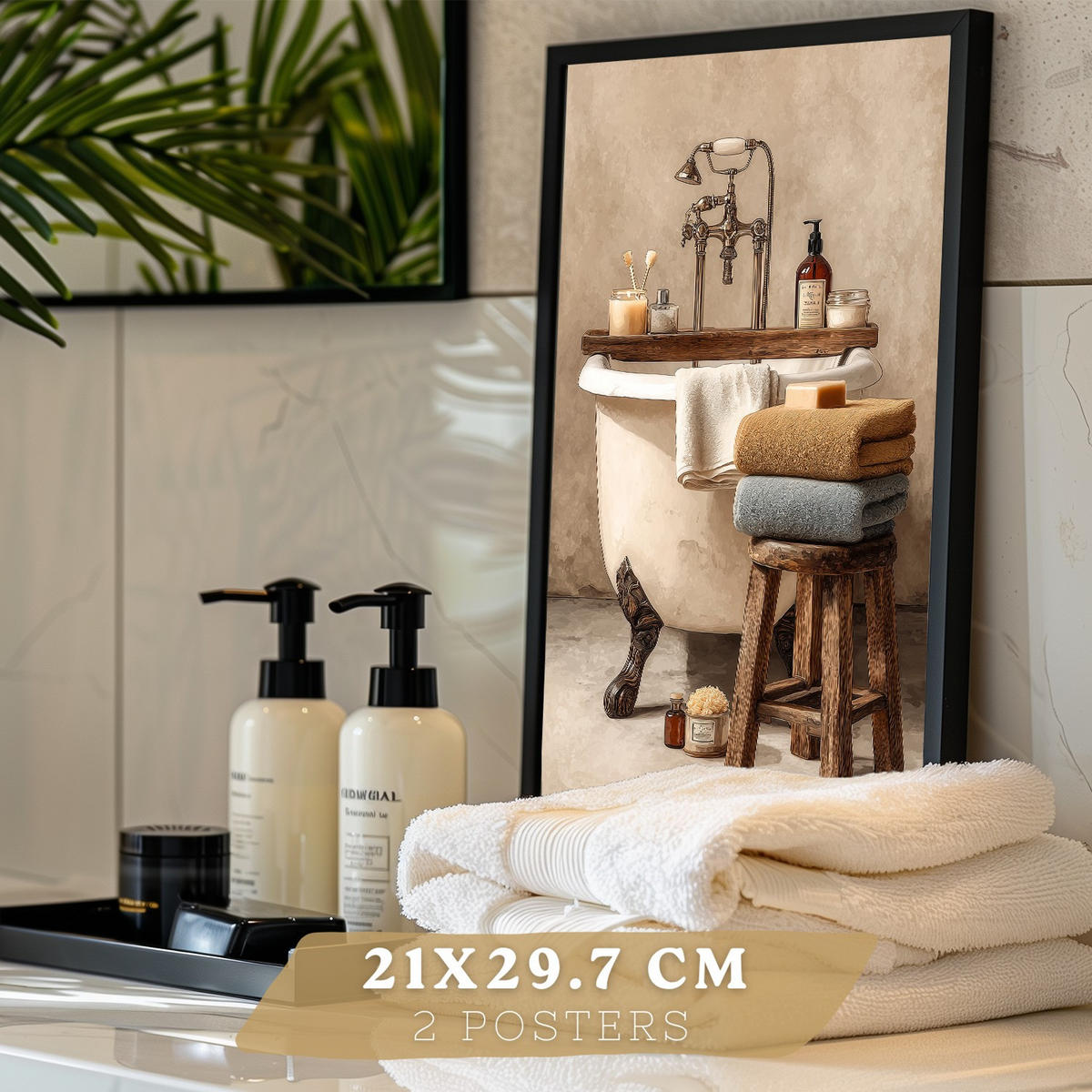 PLAKÁT Sada 2 dekorativních koupelnových tisků, rustikální styl, vintage lázeňské obrazy s ručníky a vanou, PLAKÁTy, bytové dekorace Černý rám A4 - černá, papír (29.7/21/3cm) - Nacnic