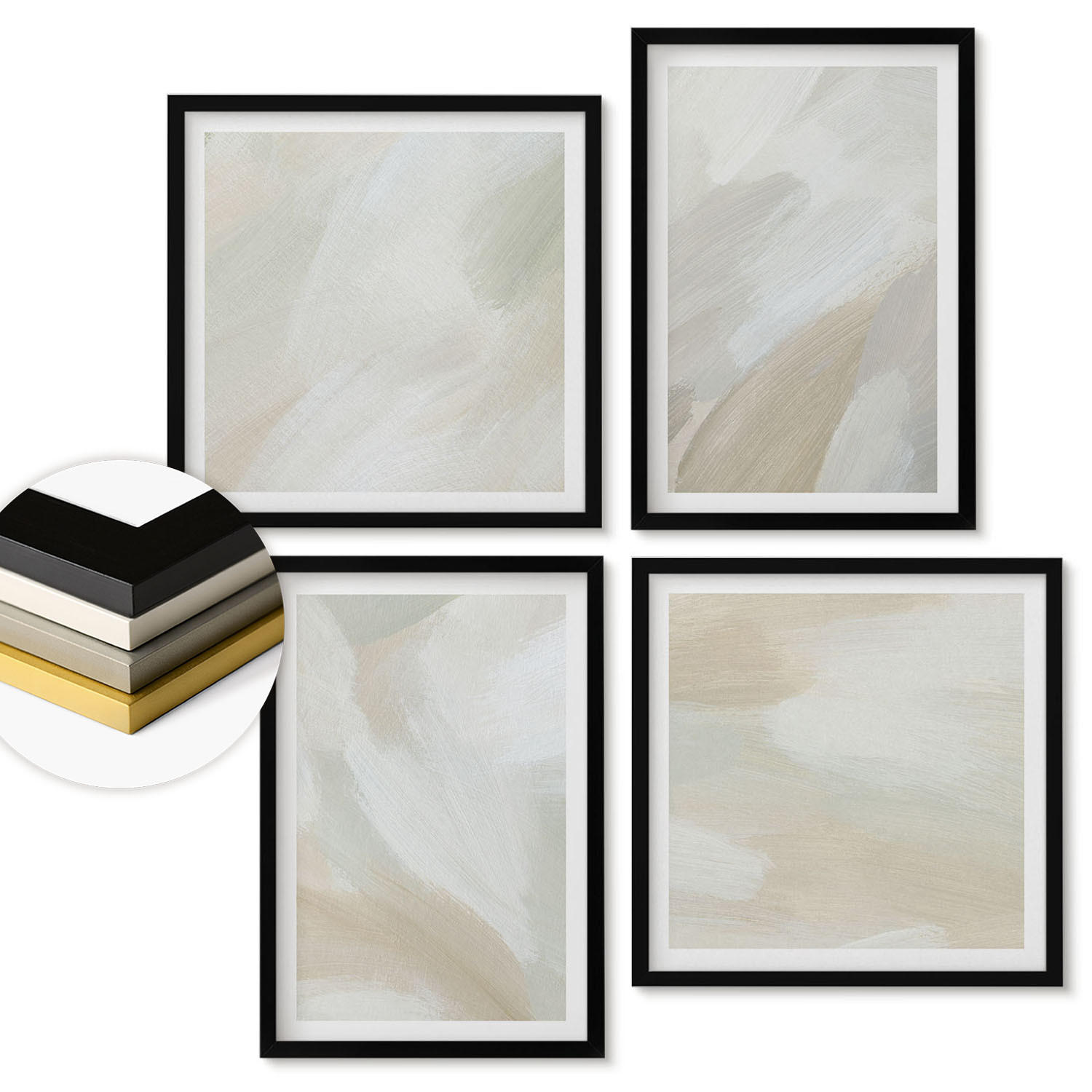WANDBILDER 4er-Set - 50x50 cm & 40x60 cm Schwarzer Rahmen - Abstrakte Pinselmalerei auf Leinwand - Schwarz, Kunststoff (50/50cm) - ArtPrintCave