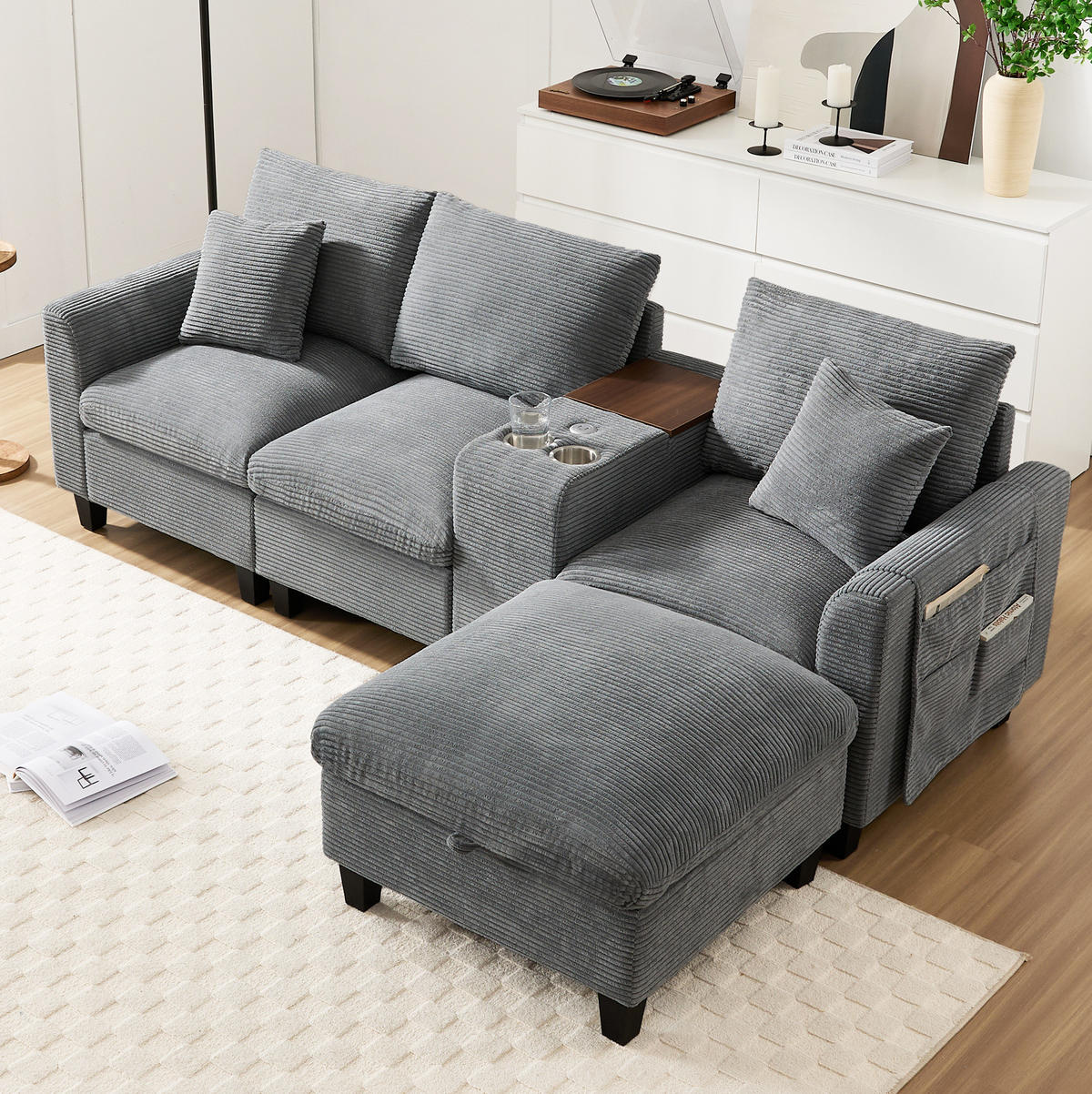 ECKSOFA Cord mit Konsole USB-Anschluss und Becherhalter 229/149,5/83 cm Grau - Grau, Kunststoff/Textil (83/149.5cm) - Redom