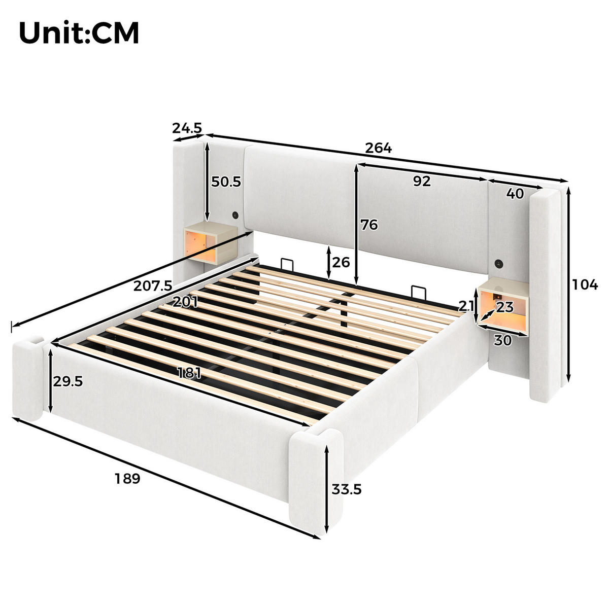 POLSTERBETT aus Leinen und MDF 180x200 cm Beige mit hydraulischem Bettkasten und LED-Nachttischen - Beige, Textil (180/200cm) - Modfu