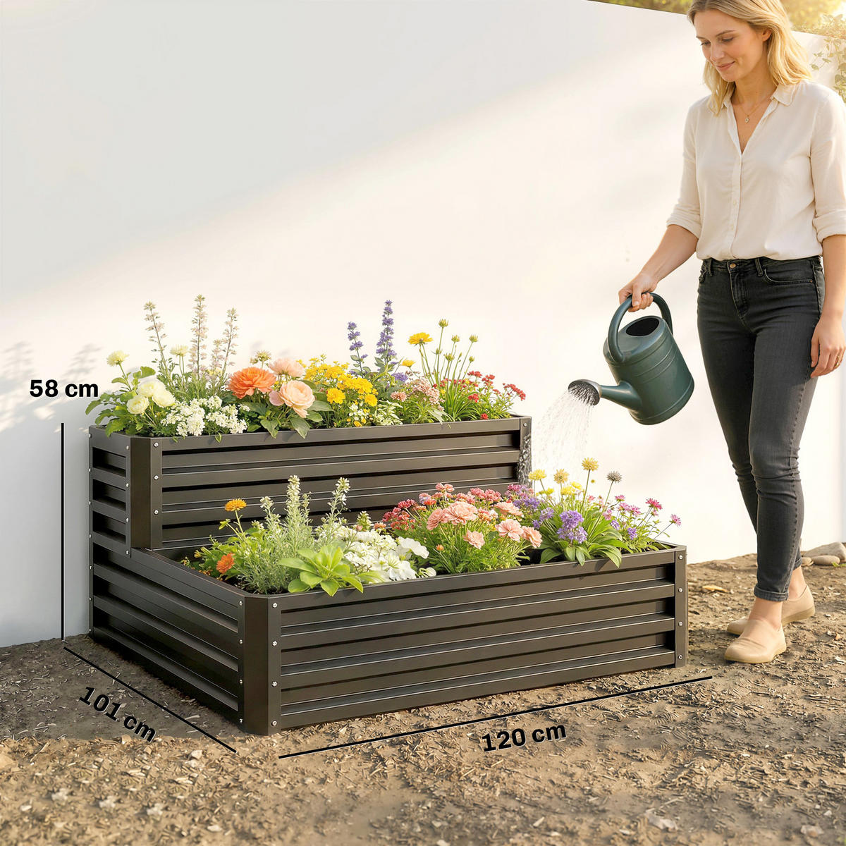HOCHBEET DE-12134 2-stufig, offener Boden, 120/101/58 cm Dunkelgrau - Dunkelgrau, Metall (120/58/101cm) - ComfortXL
